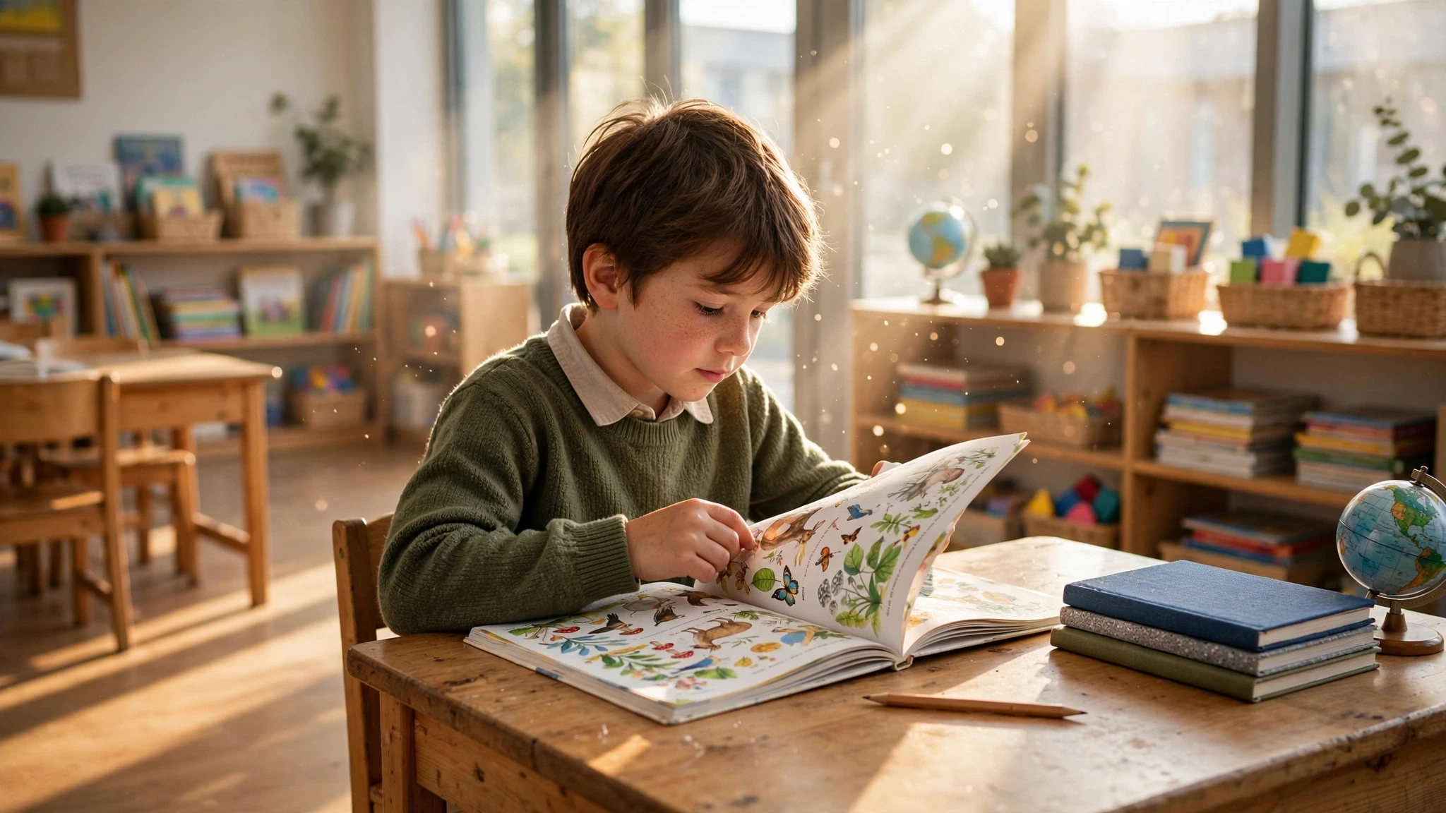 estudiante leyendo un libro escolar en un salon iluminado