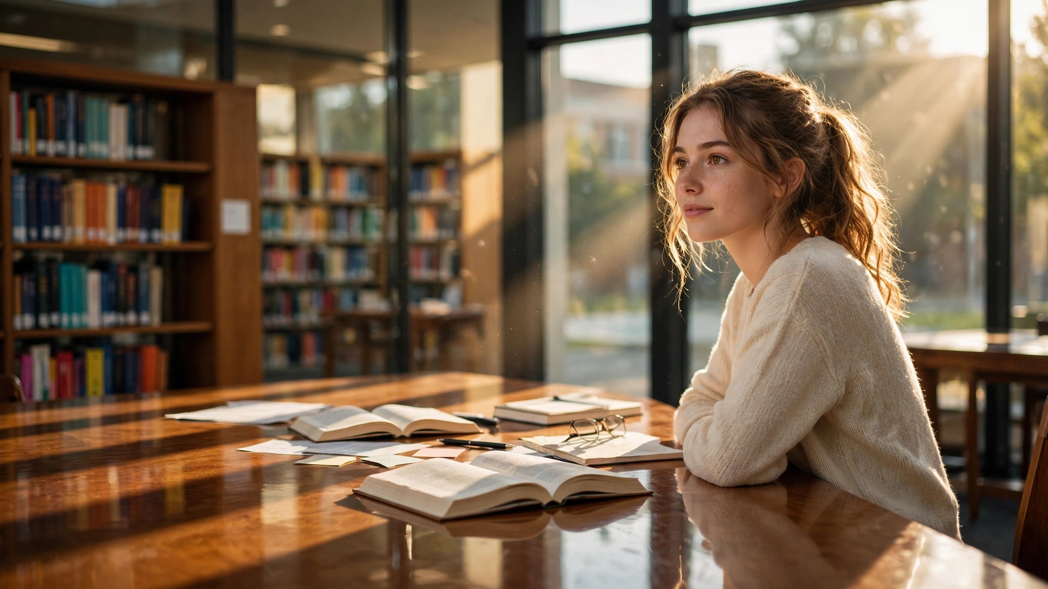 estudiante universitaria reflexiva de pie en una biblioteca iluminada