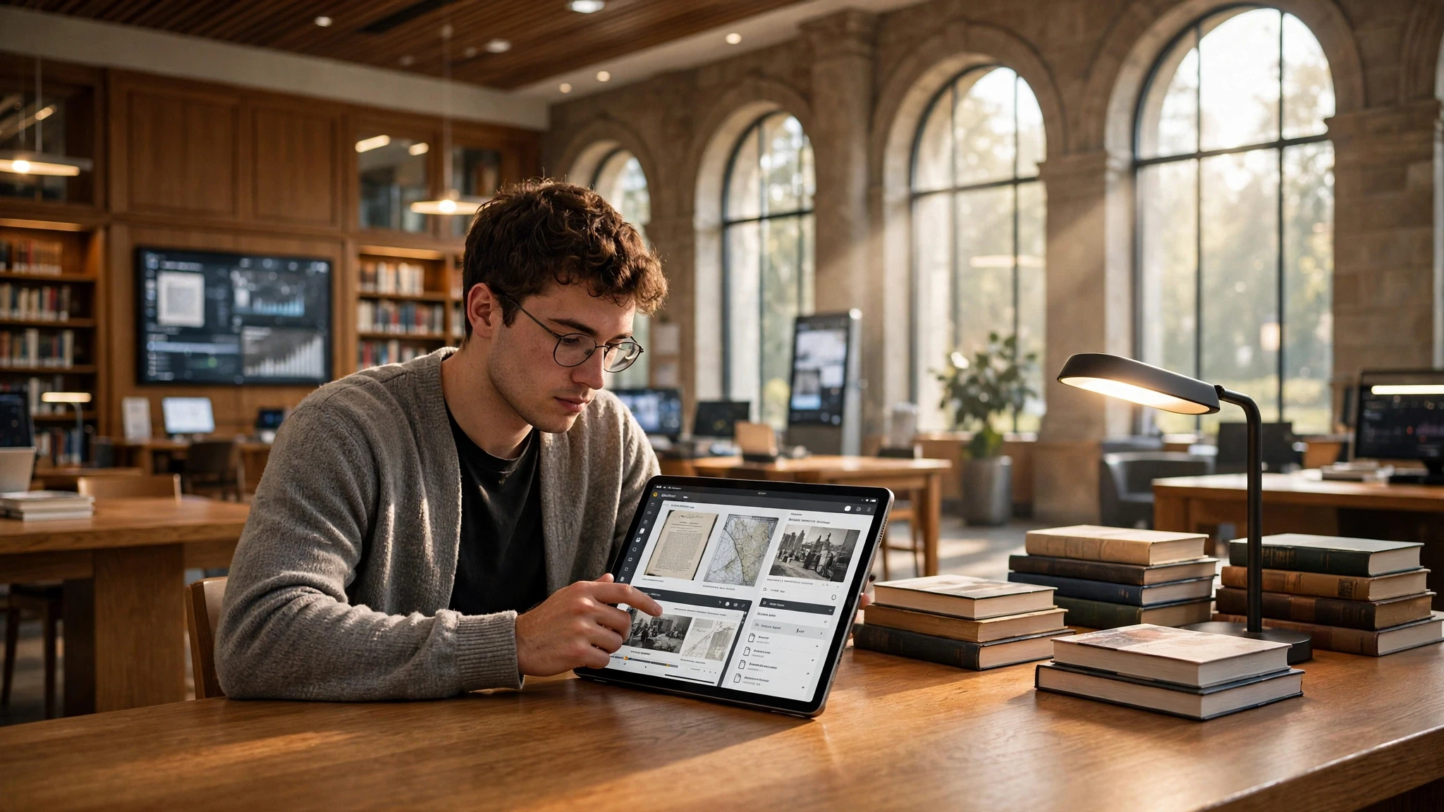 estudiante usando tableta digital en biblioteca iluminada por sol