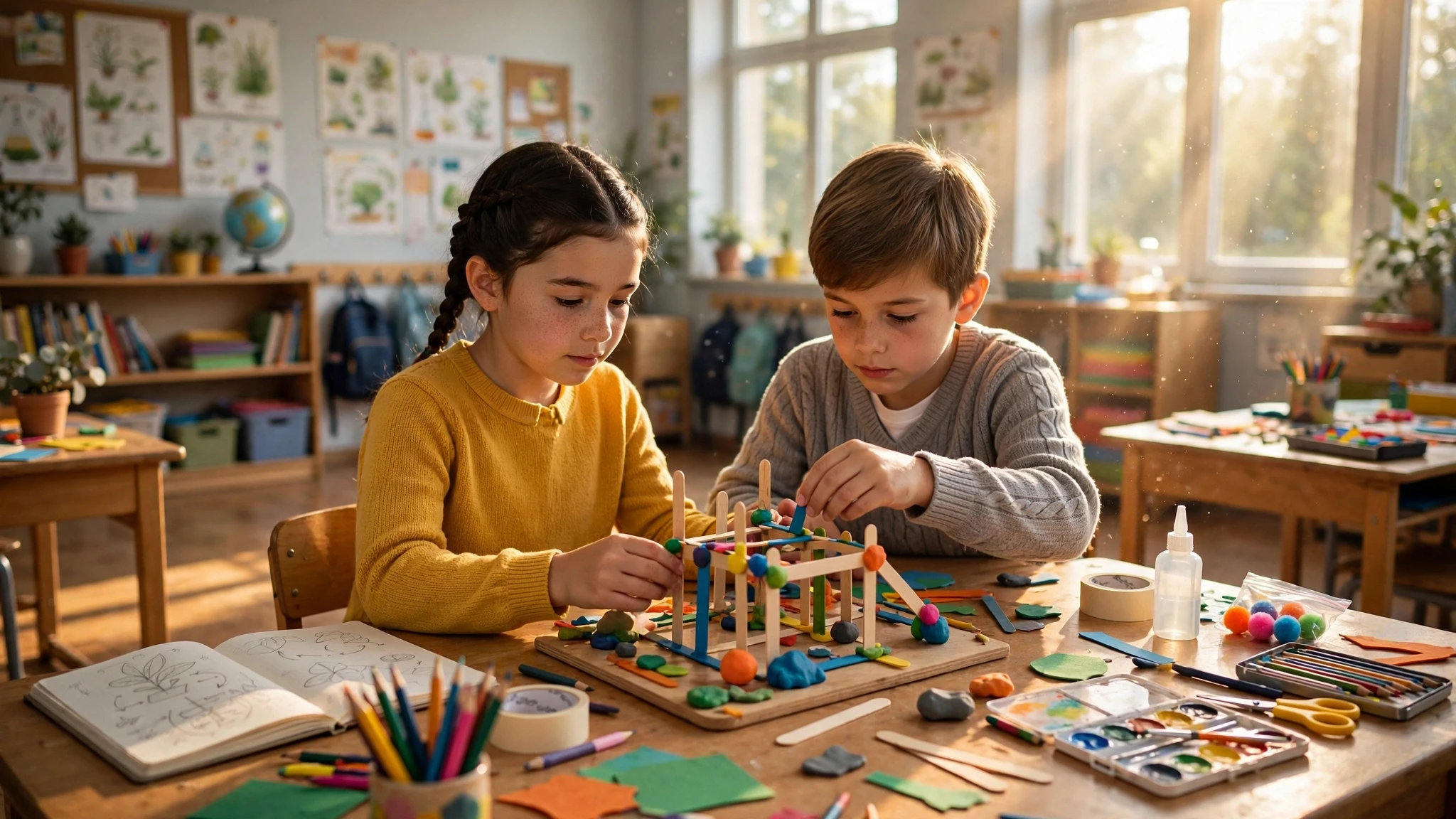 estudiantes colaborando en un proyecto de ciencias escolar
