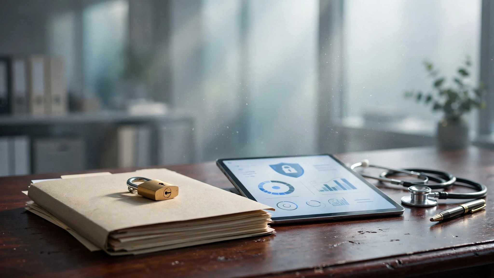 expediente de salud protegido con candado y tableta digital