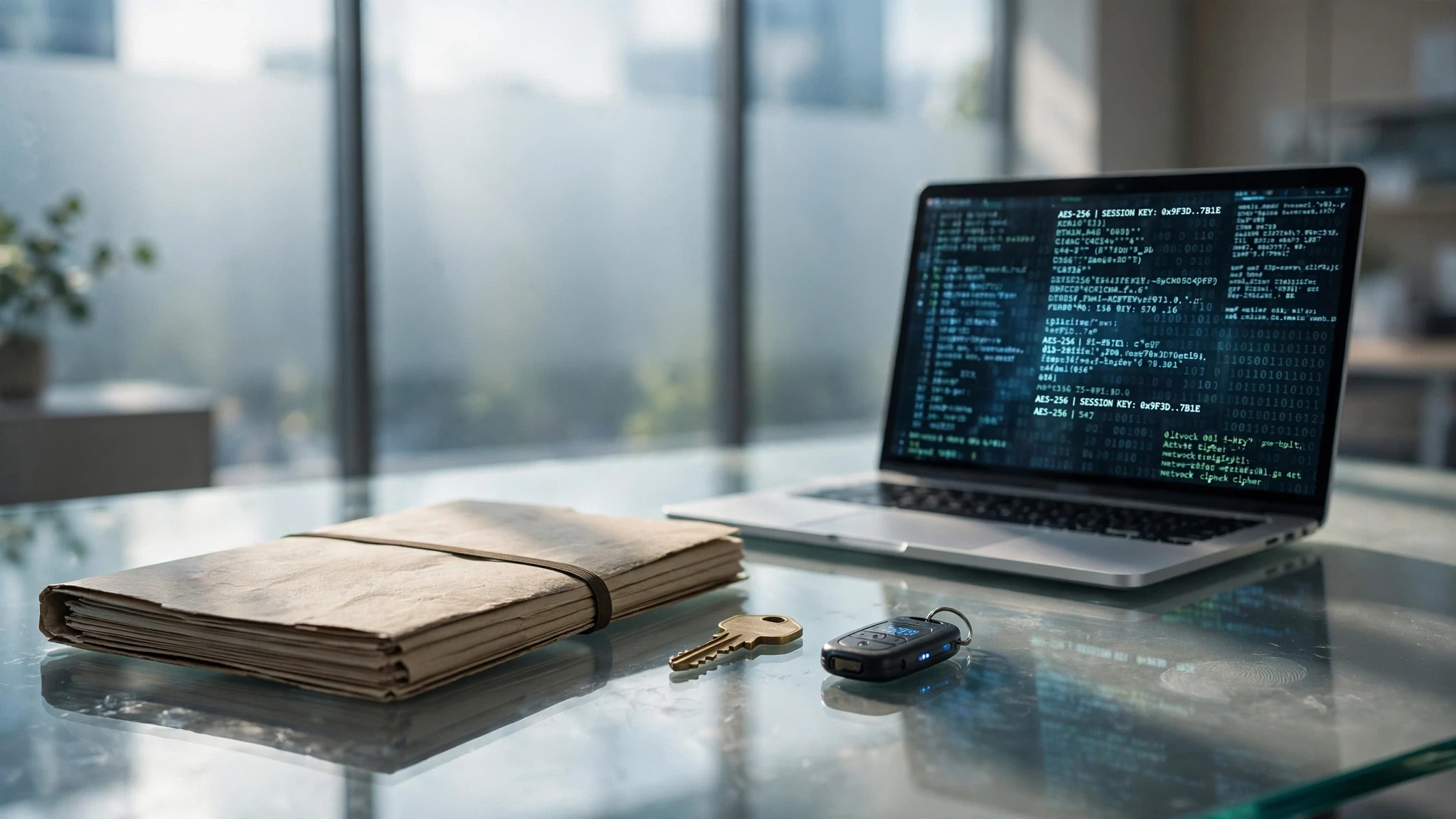 expediente reservado junto a computadora en escritorio de vidrio