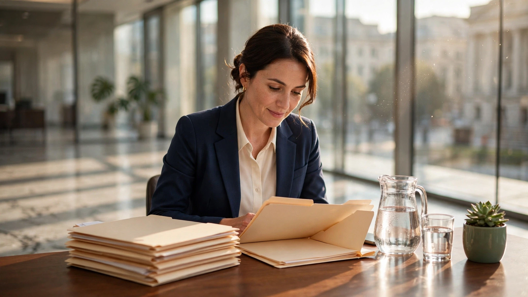funcionaria gubernamental revisando archivos de ciudadanos en despacho iluminado
