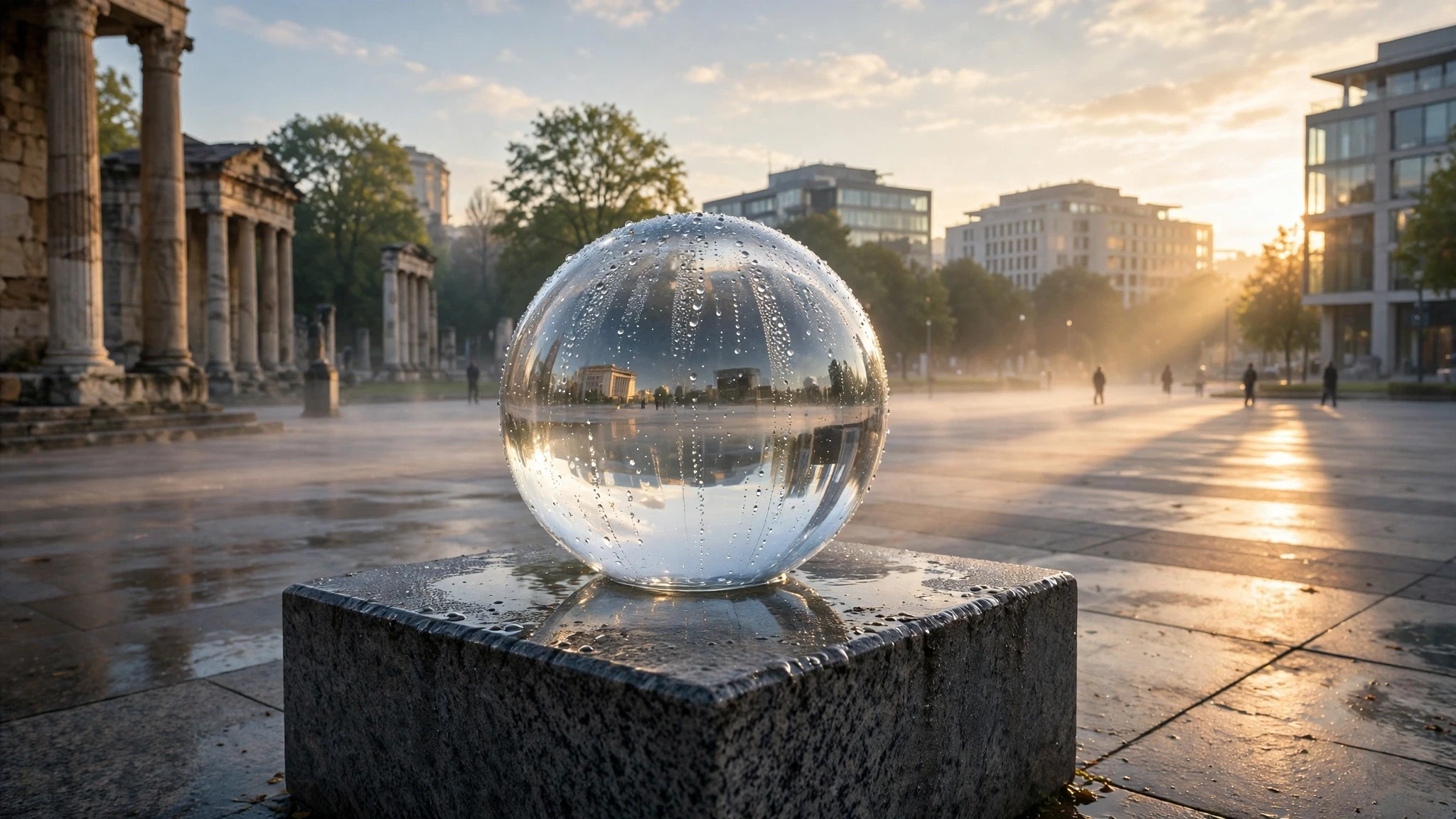globo de cristal moderno en plaza abierta al amanecer