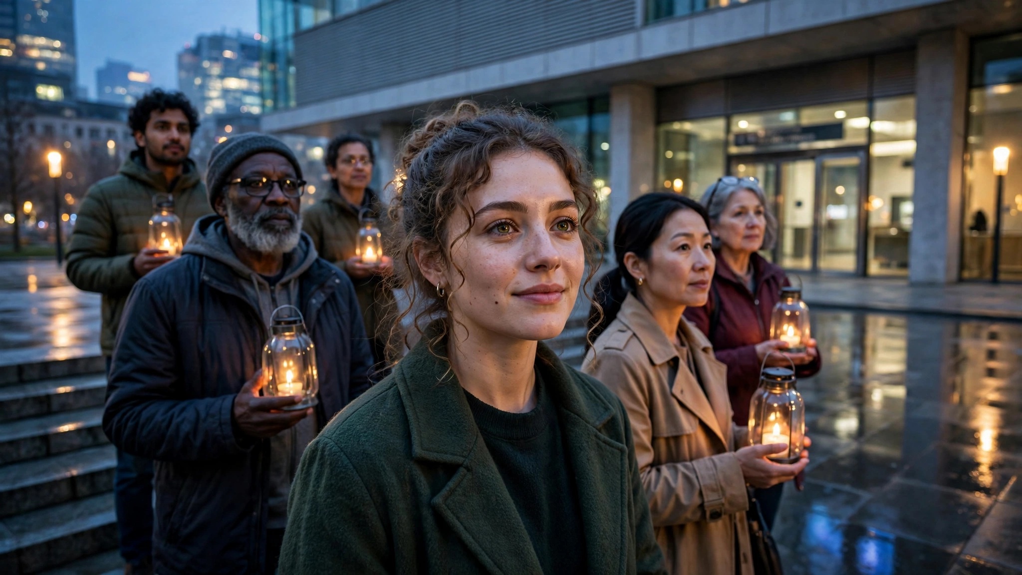 grupo diverso de personas con linternas al atardecer