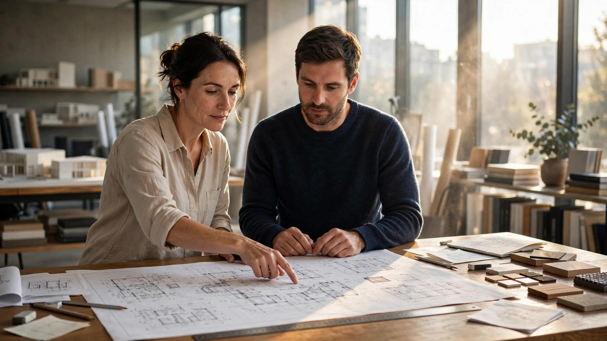 hombre y mujer revisando planos en mesa de madera