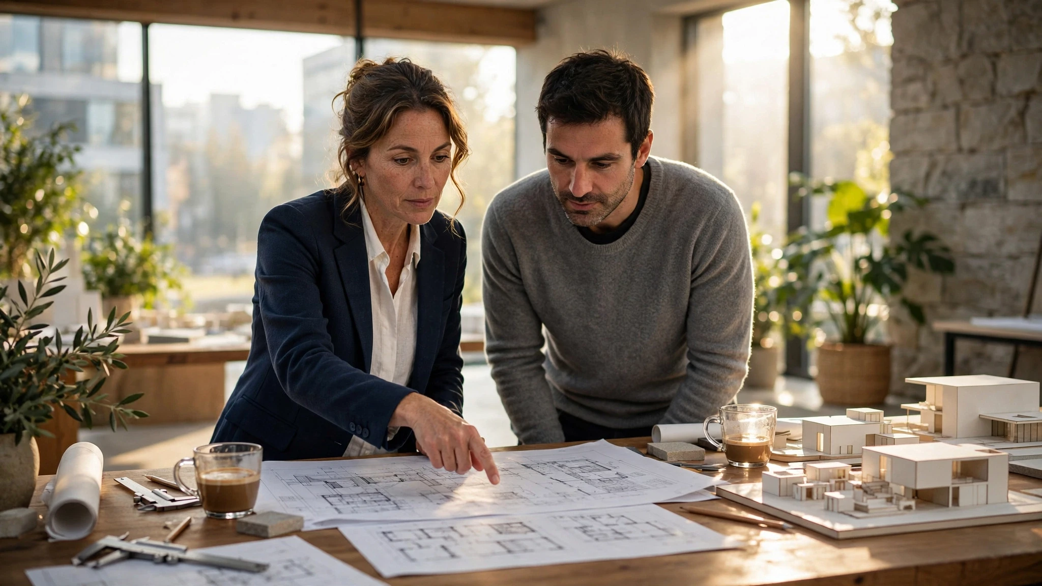 hombre y mujer revisando planos en un estudio iluminado