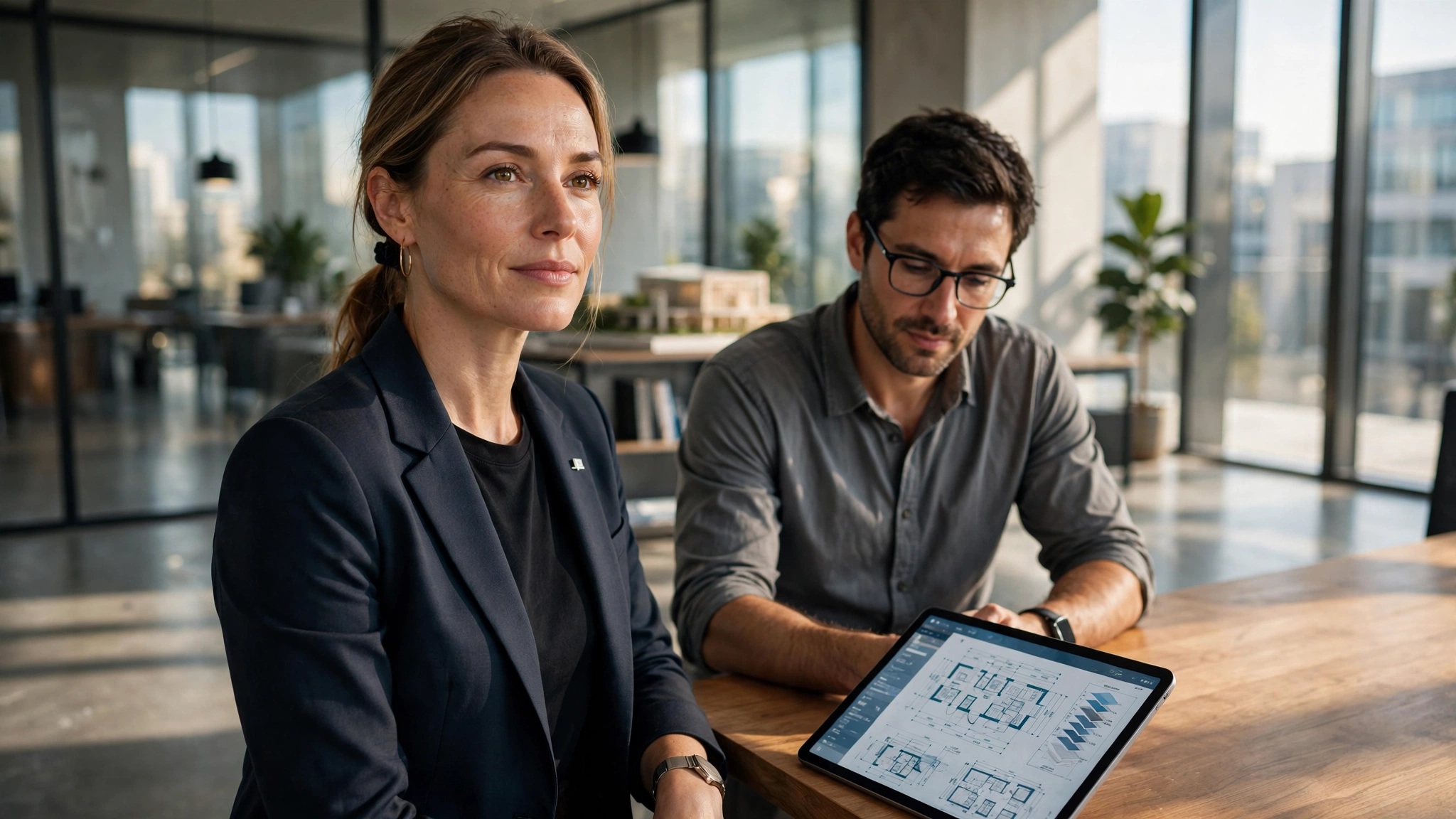 ingeniera y colega analizan planos digitales en oficina moderna