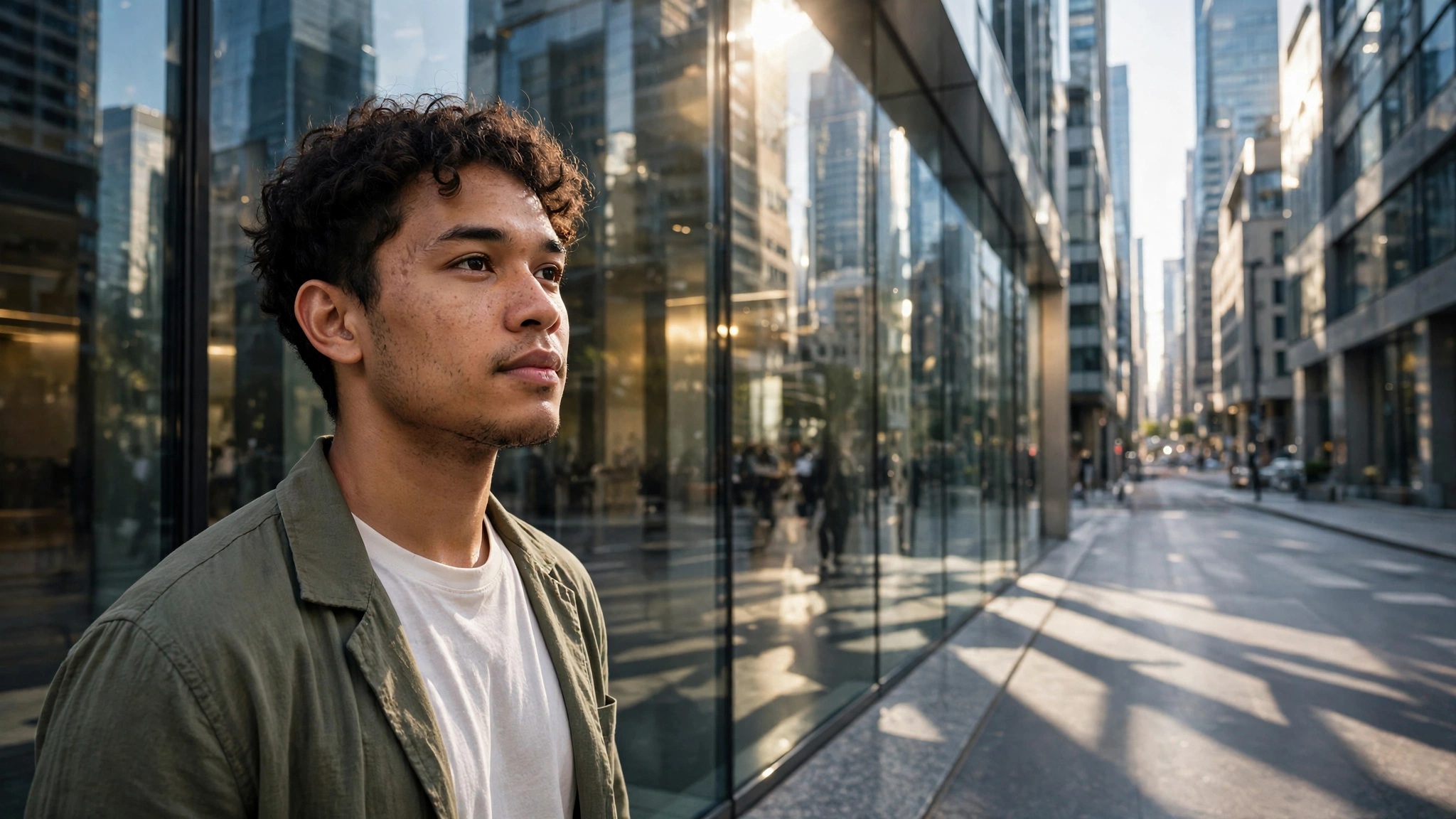 joven pensativo parado frente a un edificio corporativo moderno