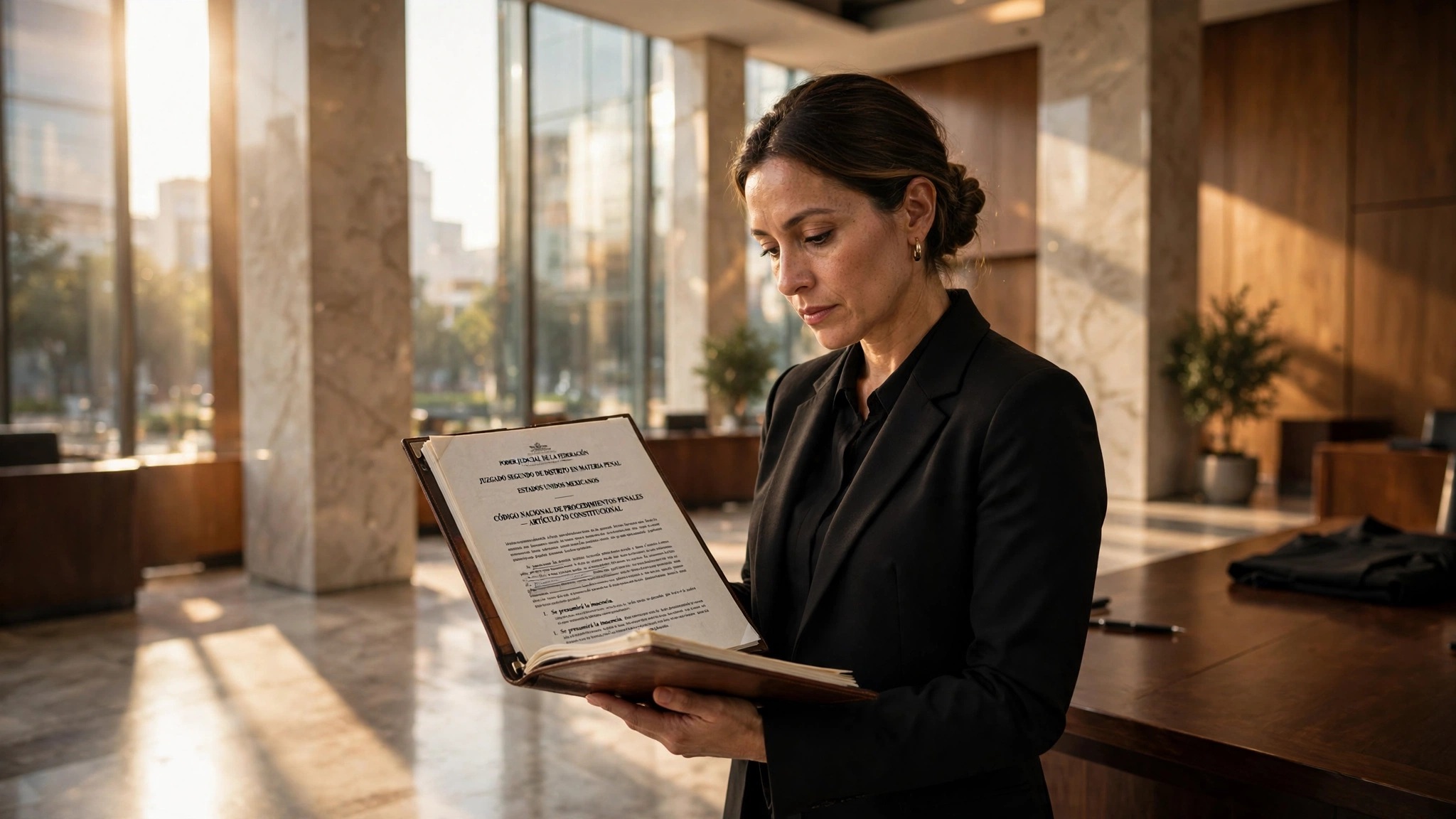 jueza hispana leyendo documento legal en tribunal soleado