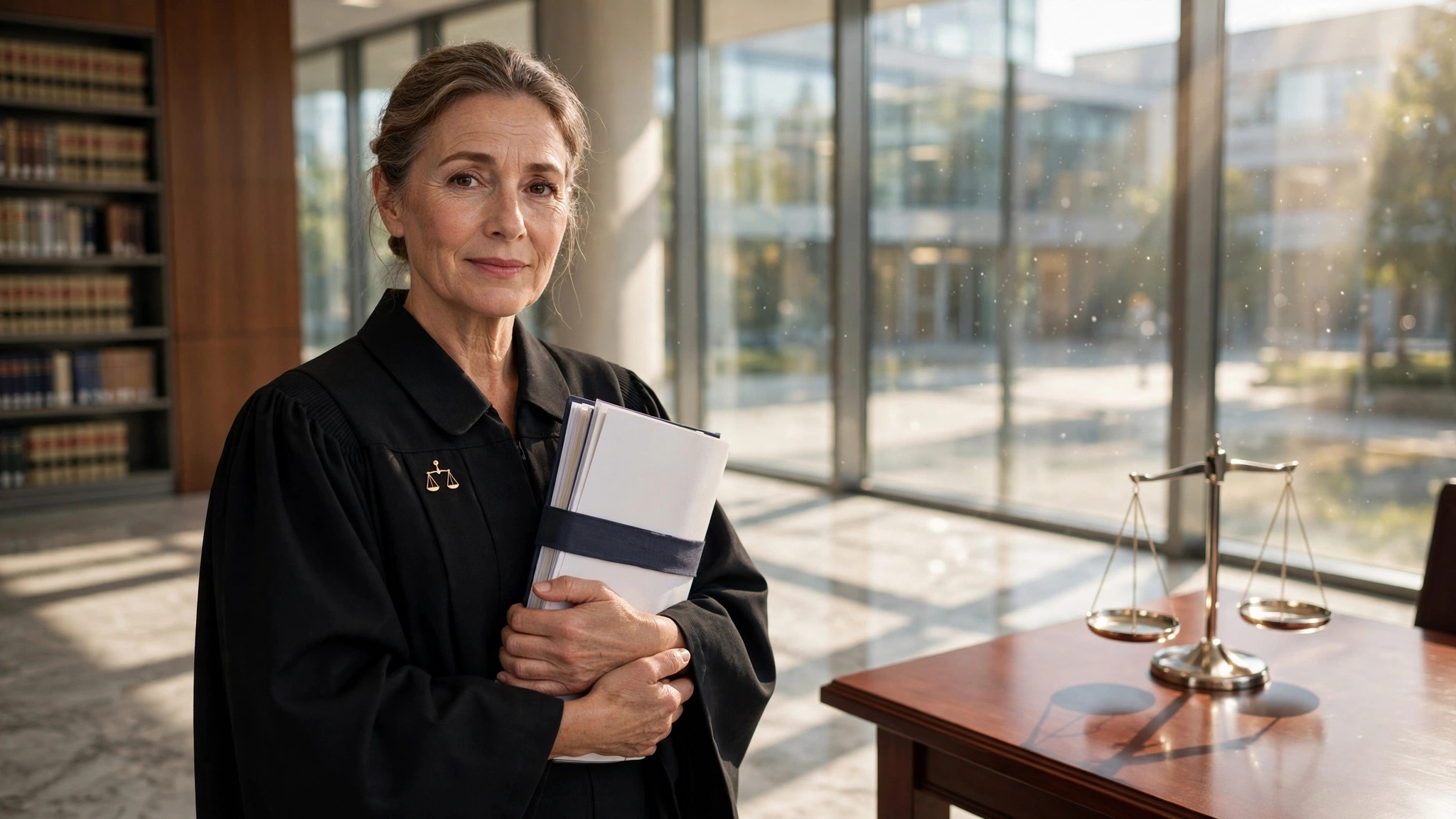 jueza serena sosteniendo informe legal en biblioteca judicial iluminada