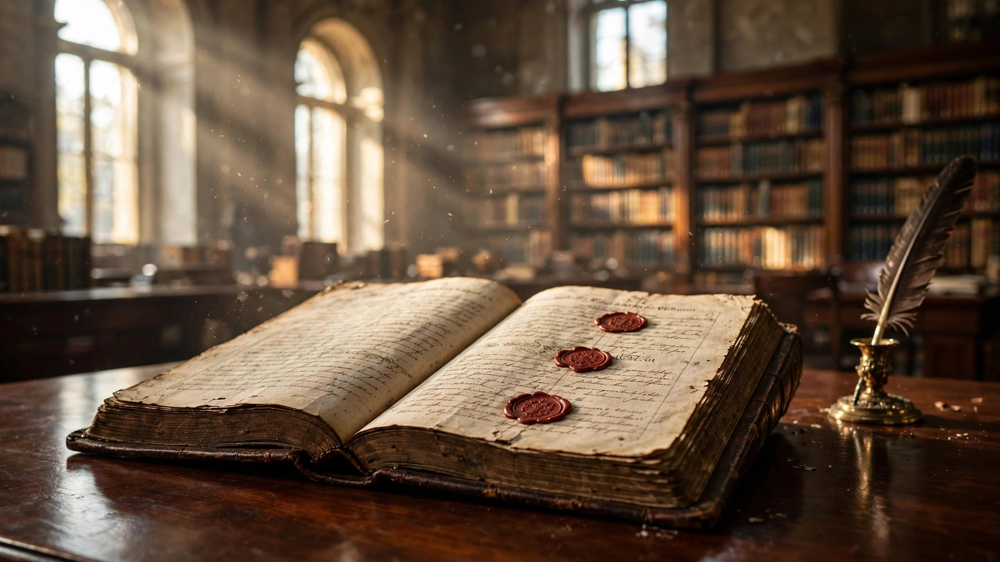 libro antiguo abierto sobre escritorio de madera en biblioteca iluminada