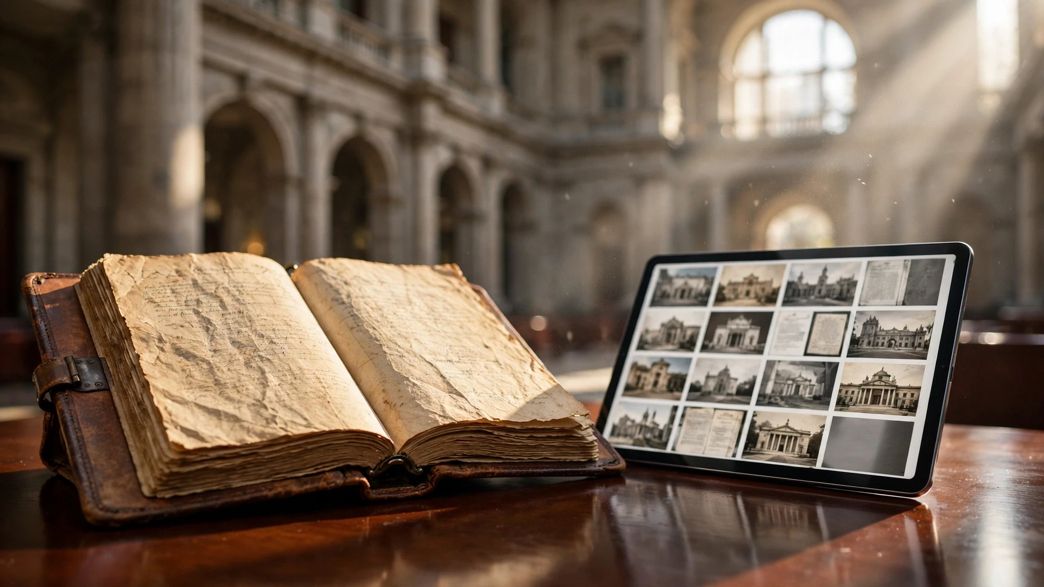libro antiguo y tableta digital sobre escritorio de caoba