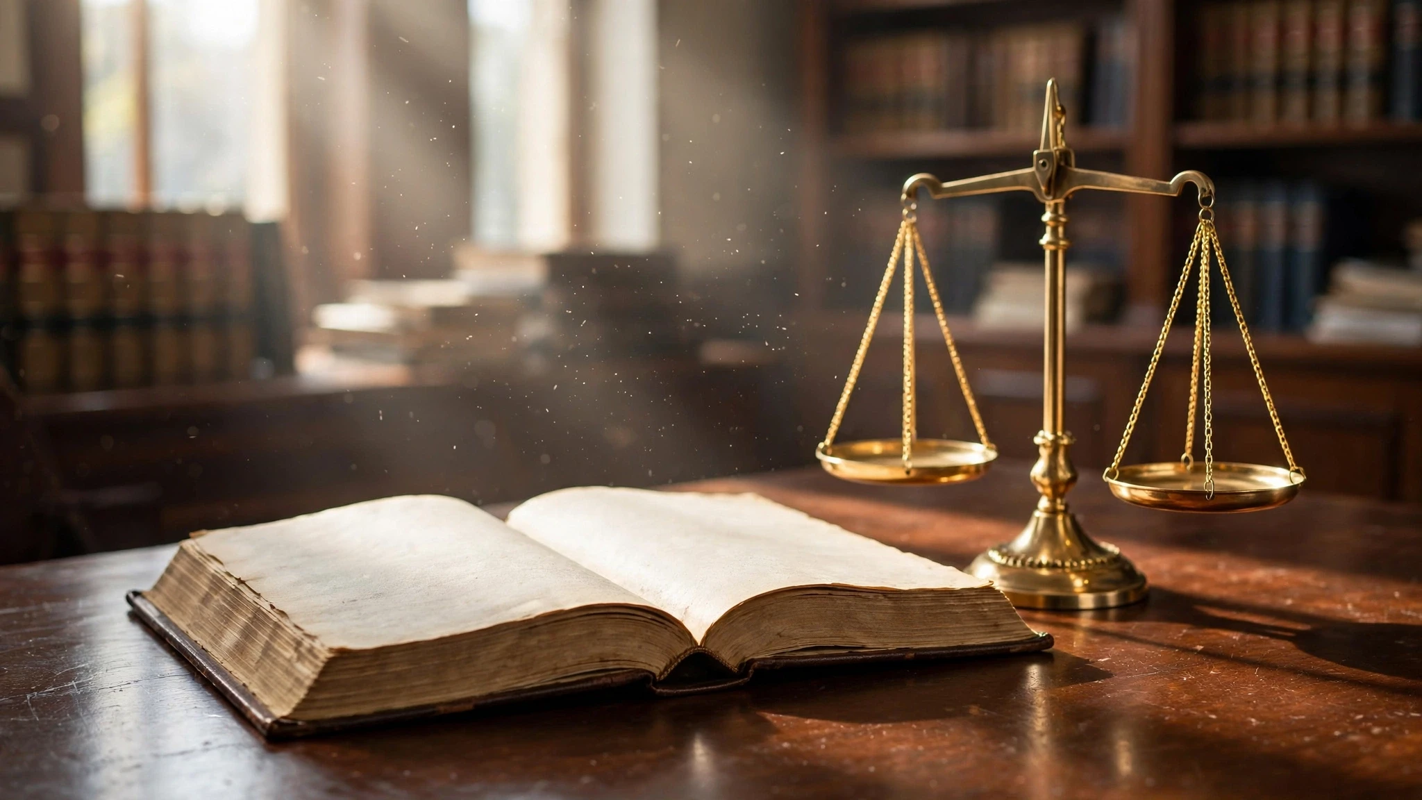 libro juridico abierto y balanza de justicia sobre escritorio