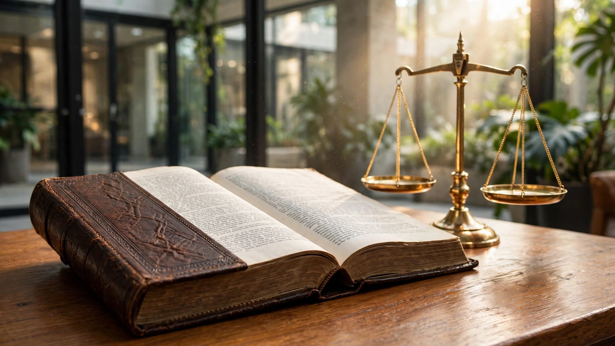 libro legal abierto junto a balanza en mesa iluminada