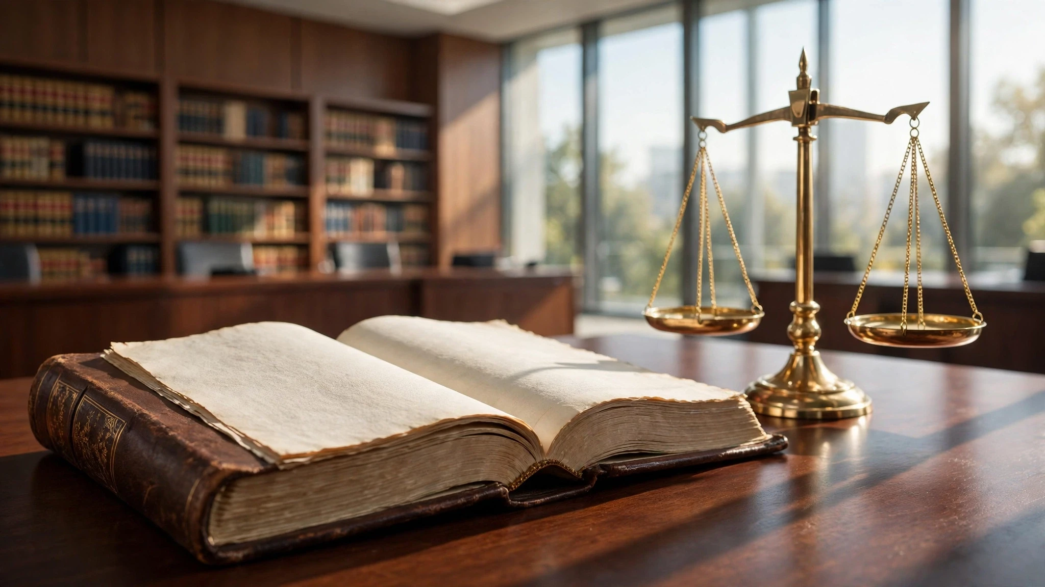 libro legal abierto junto a una balanza en escritorio iluminado