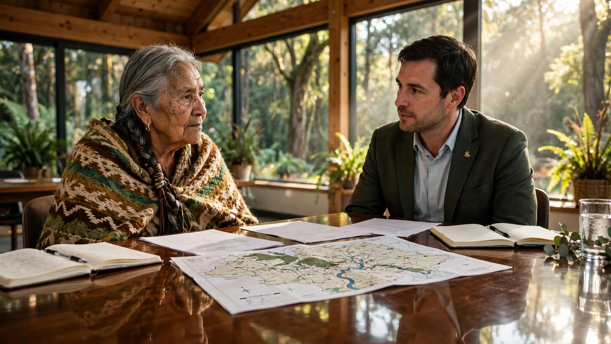 lider indigena y funcionario reunidos en mesa de madera