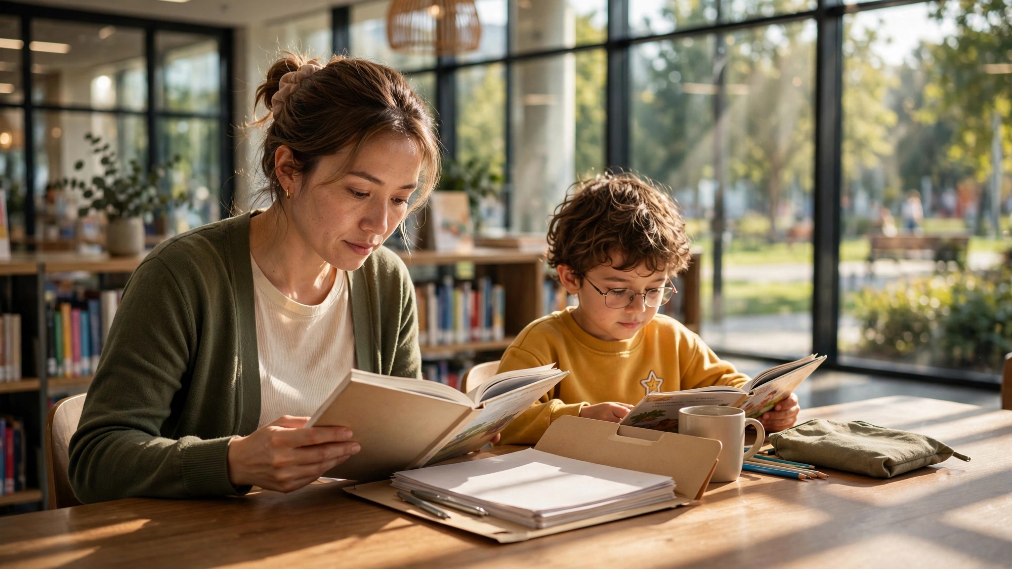 madre joven lee junto a su hijo en una biblioteca