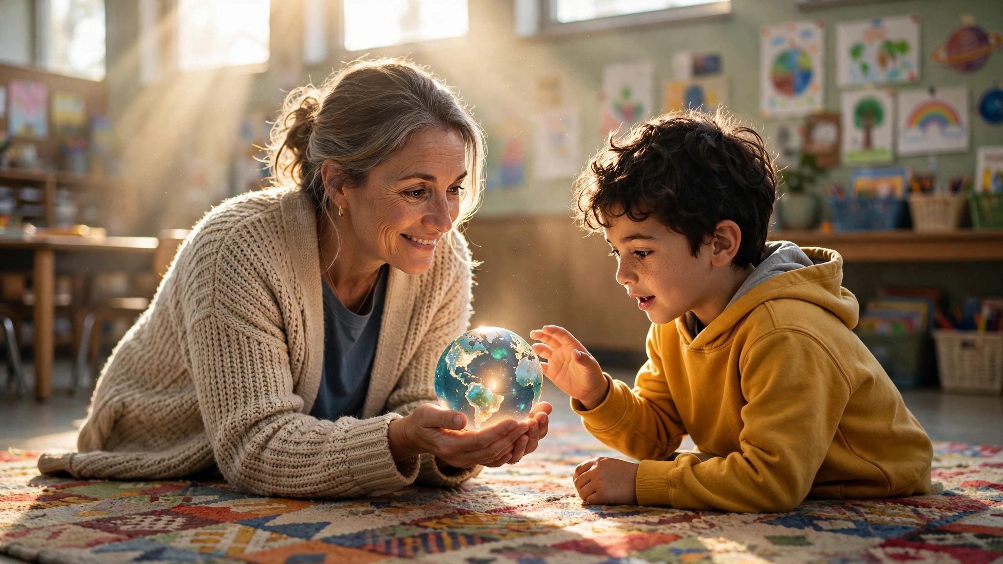 maestra en el aula mostrando un globo a un alumno