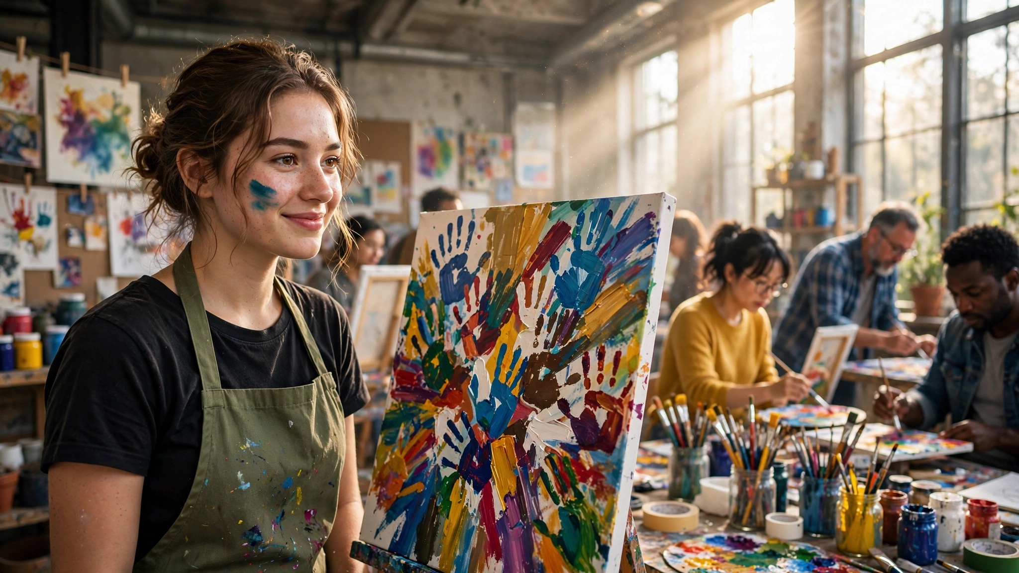 maestra junto a lienzo colorido en taller de arte
