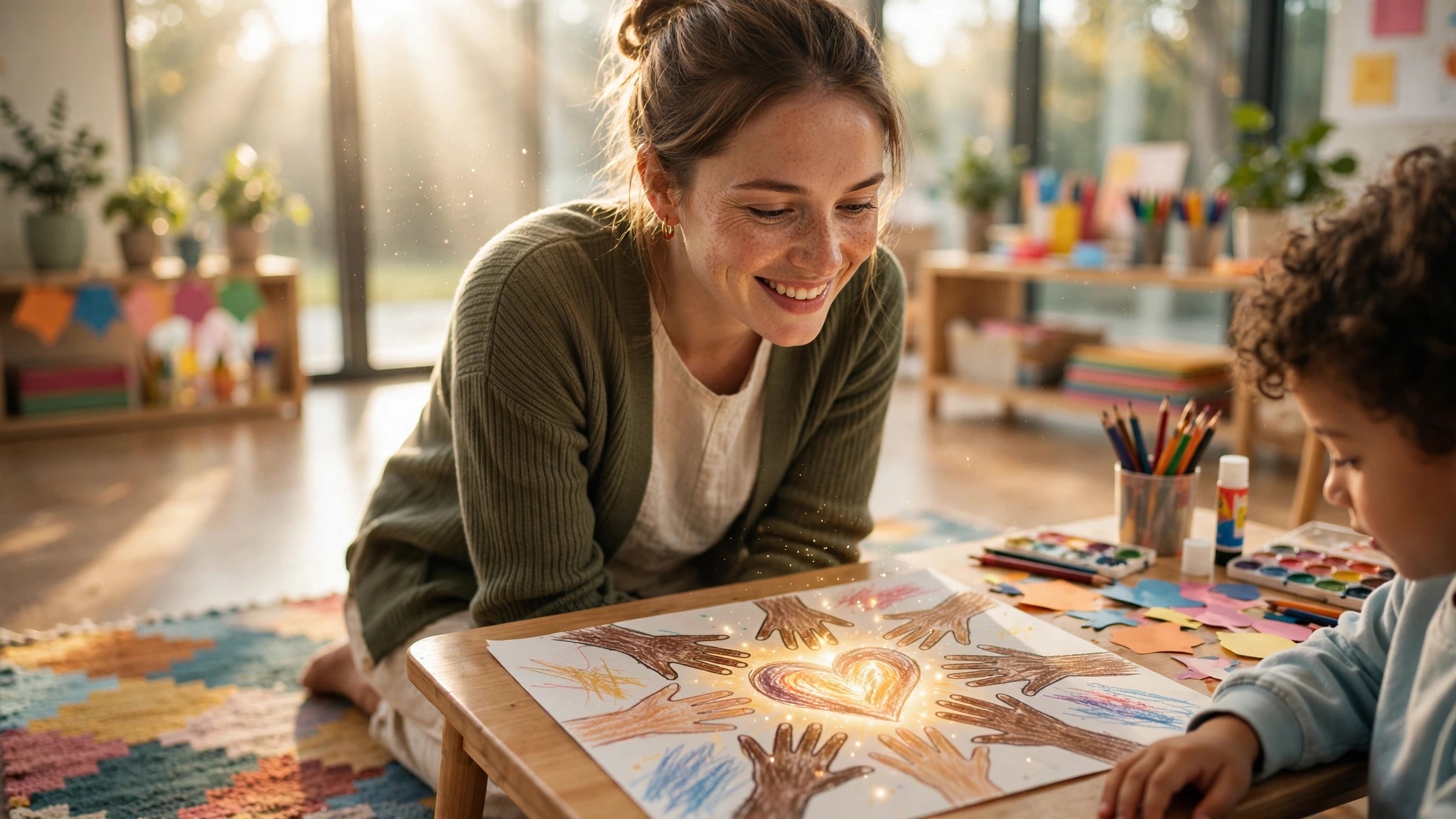 maestra sonriente observa dibujo infantil en salon iluminado