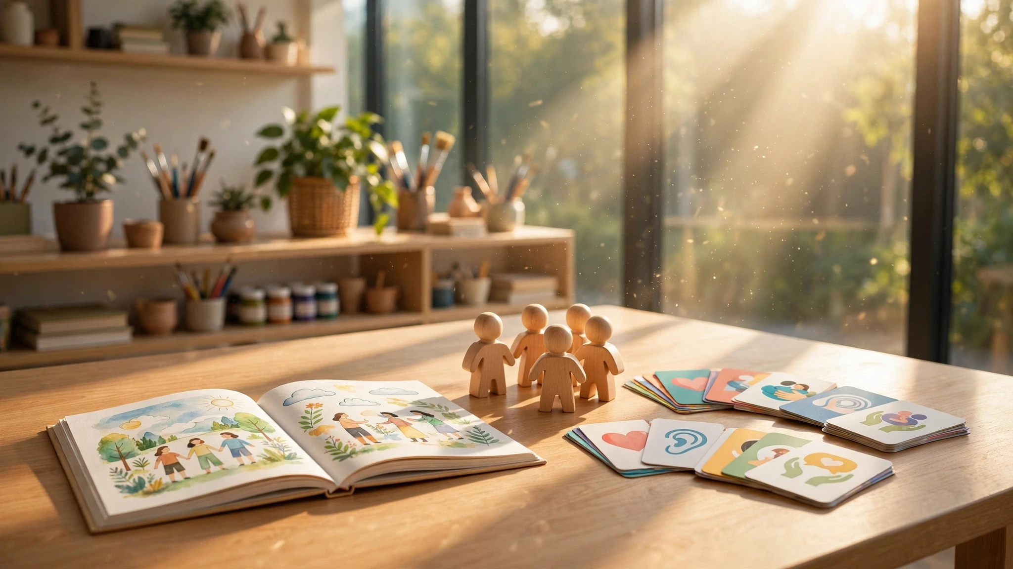 materiales educativos sobre mesa de madera en aula luminosa