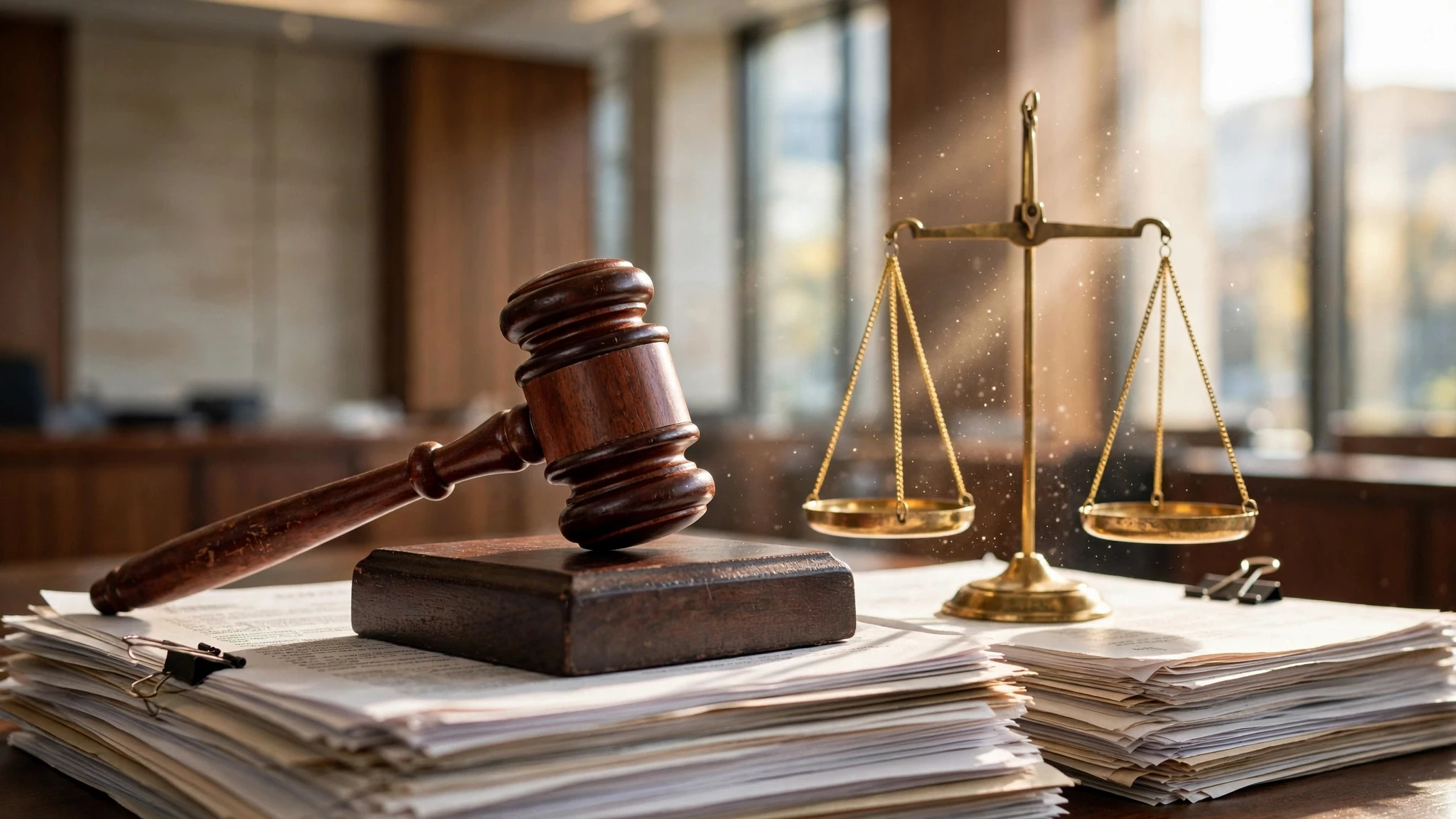 mazo de madera y balanza sobre documentos legales en juzgado