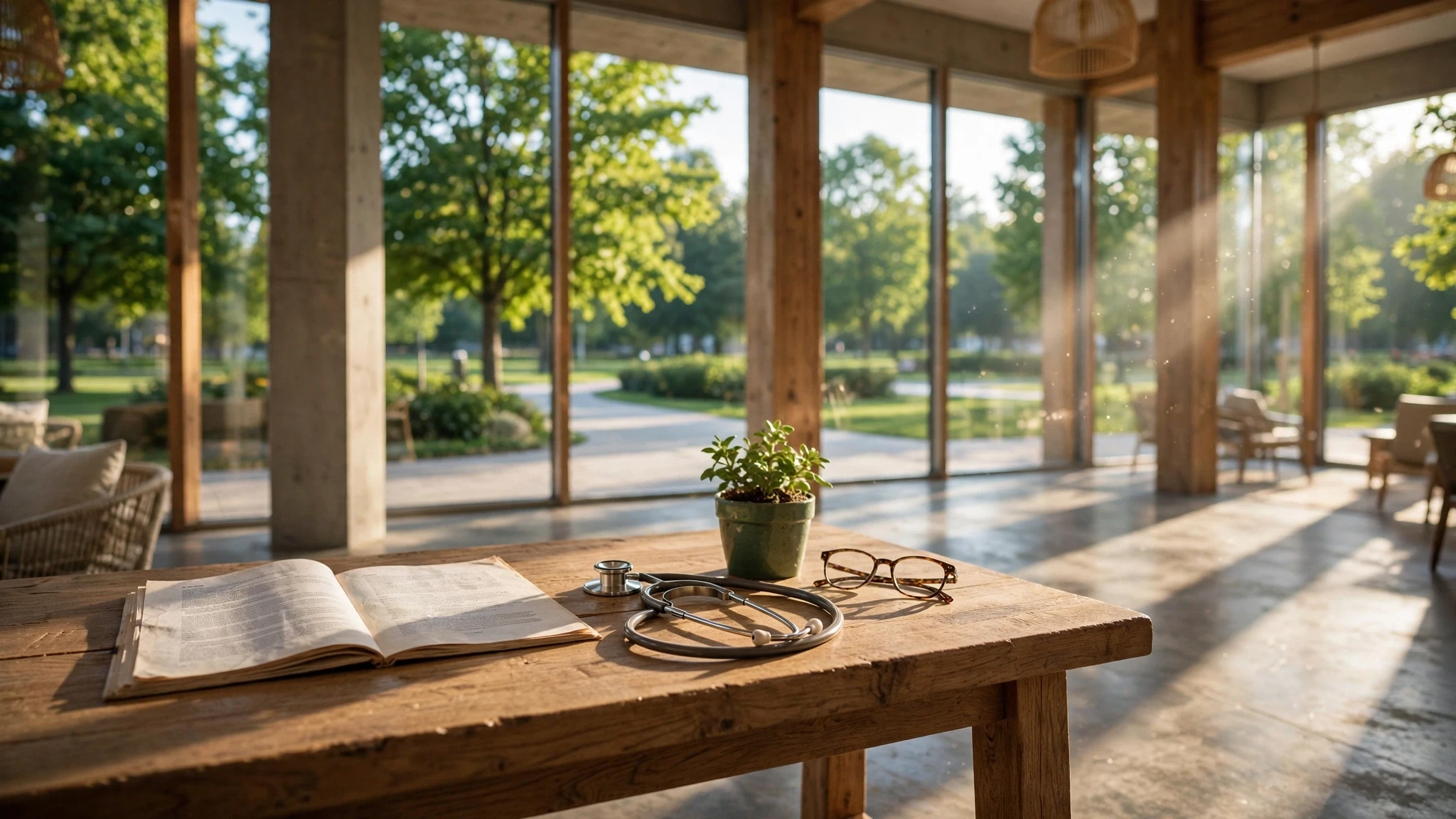 mesa de madera con estetoscopio planta y documentos iluminados