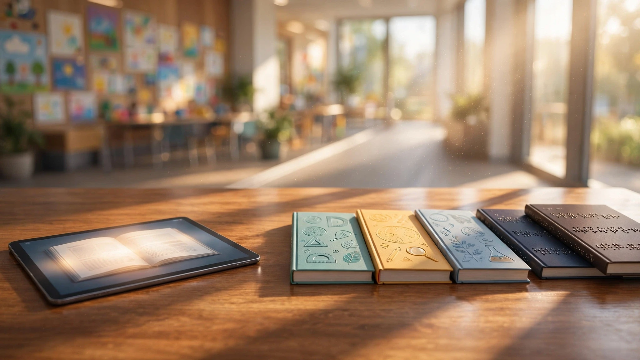 mesa de madera con libros accesibles y tableta digital