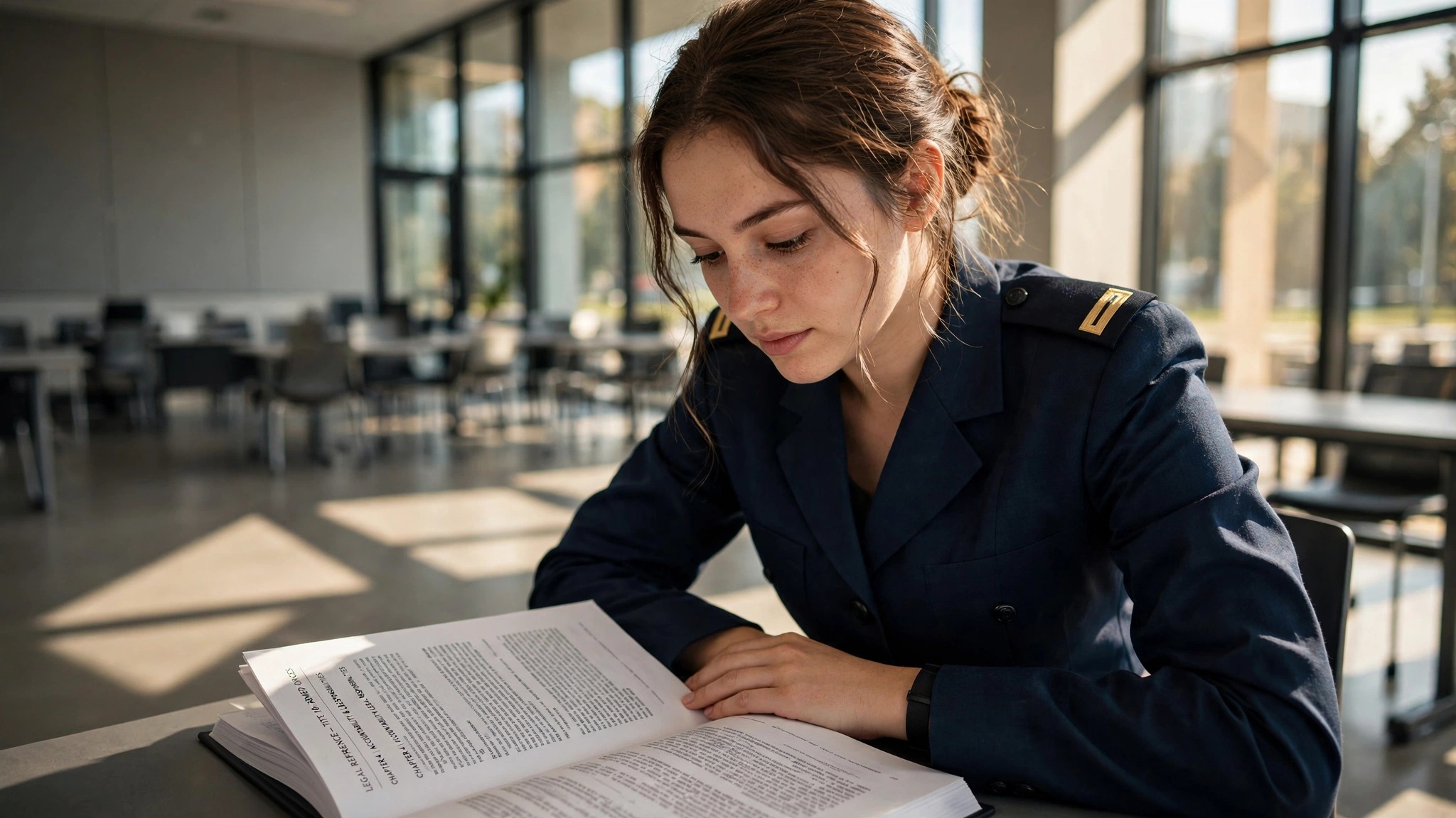 militar femenina estudia un documento en el aula