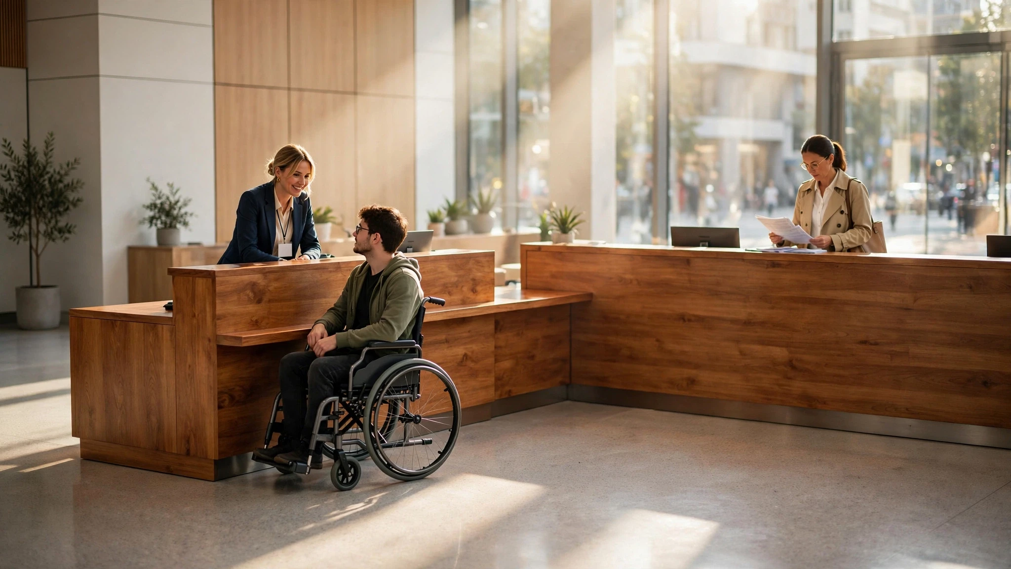 mostrador de atencion accesible con joven en silla de ruedas