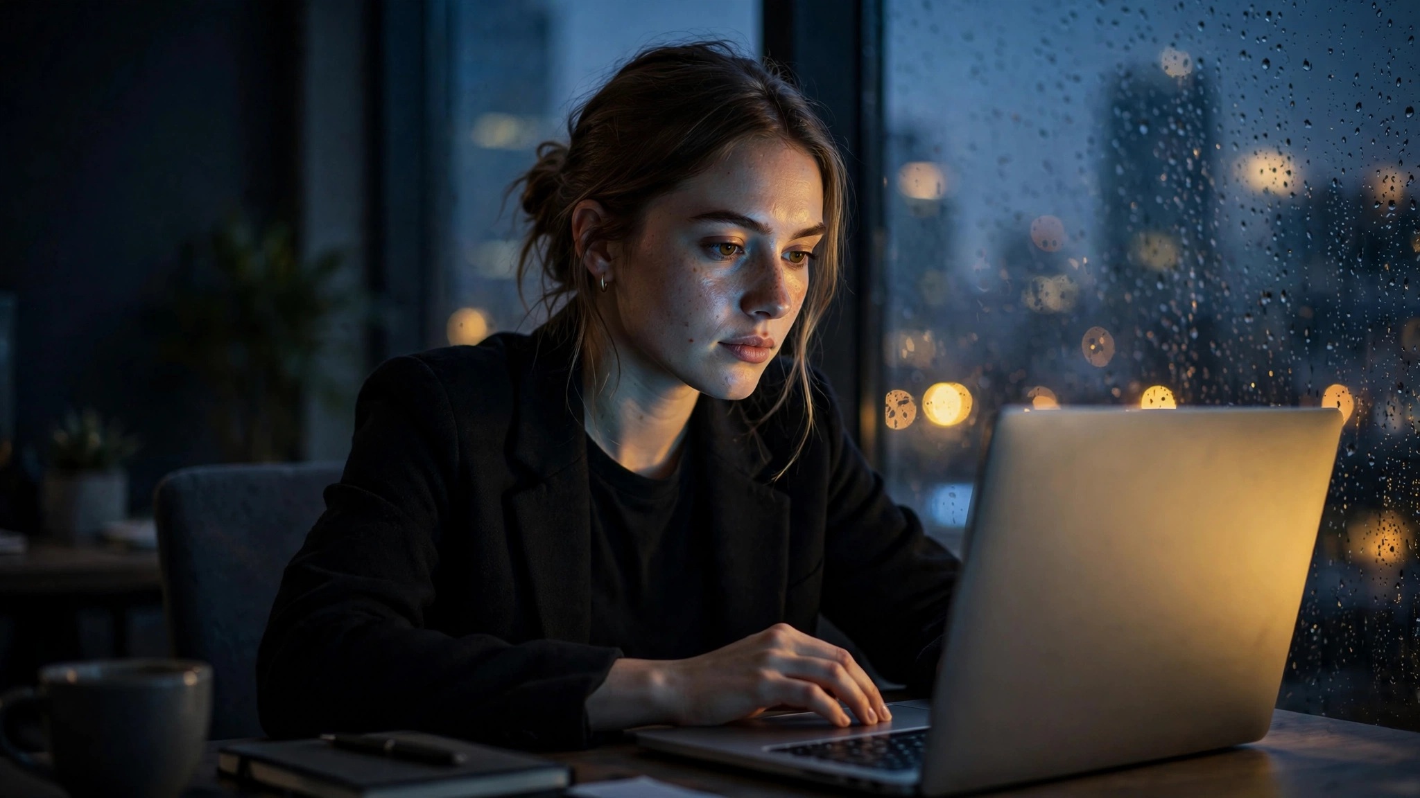 mujer atenta trabajando con computadora en oficina tenue