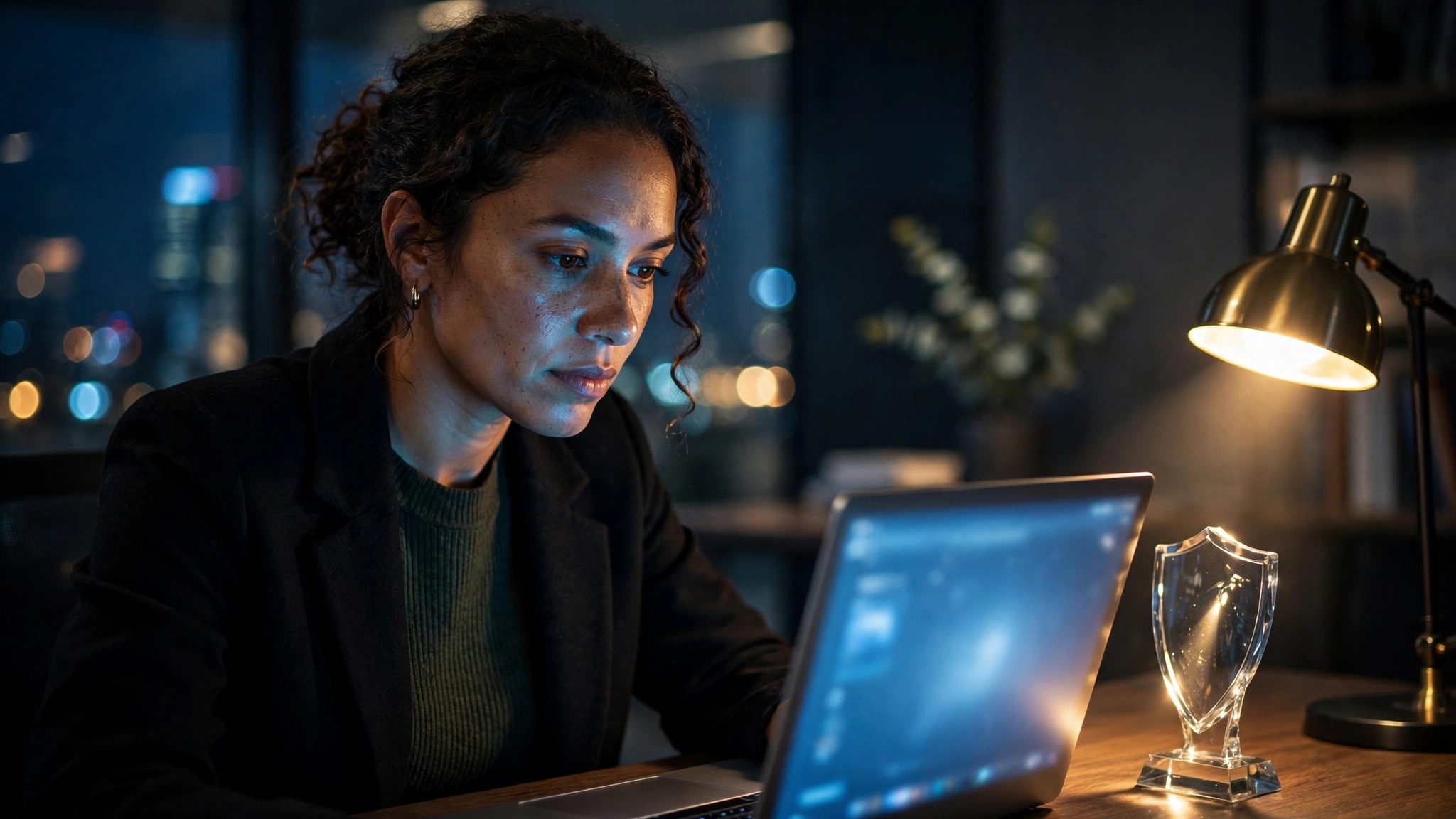 mujer concentrada mirando pantalla de laptop en oficina oscura