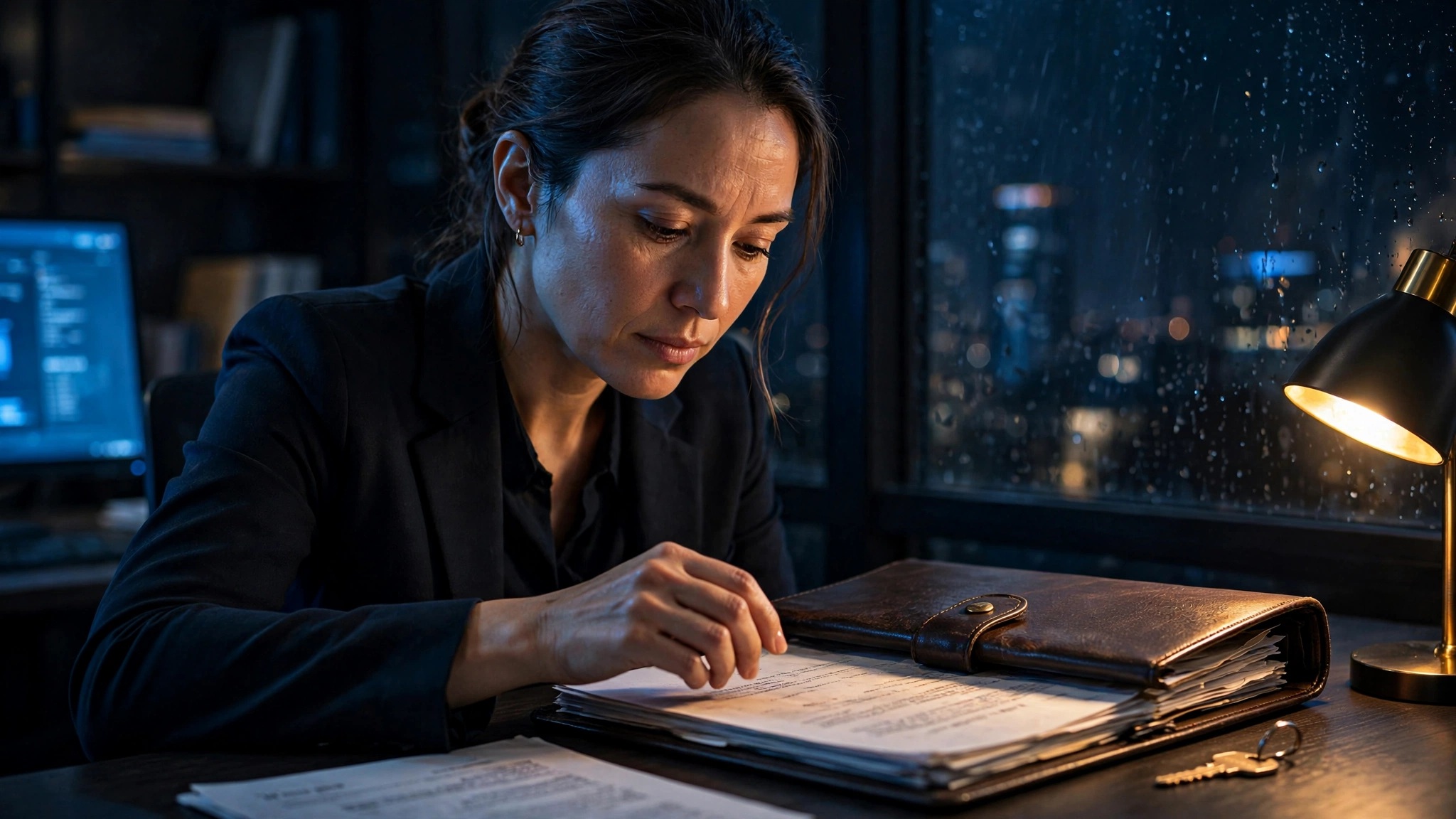 mujer en oficina guardando documentos confidenciales con llave
