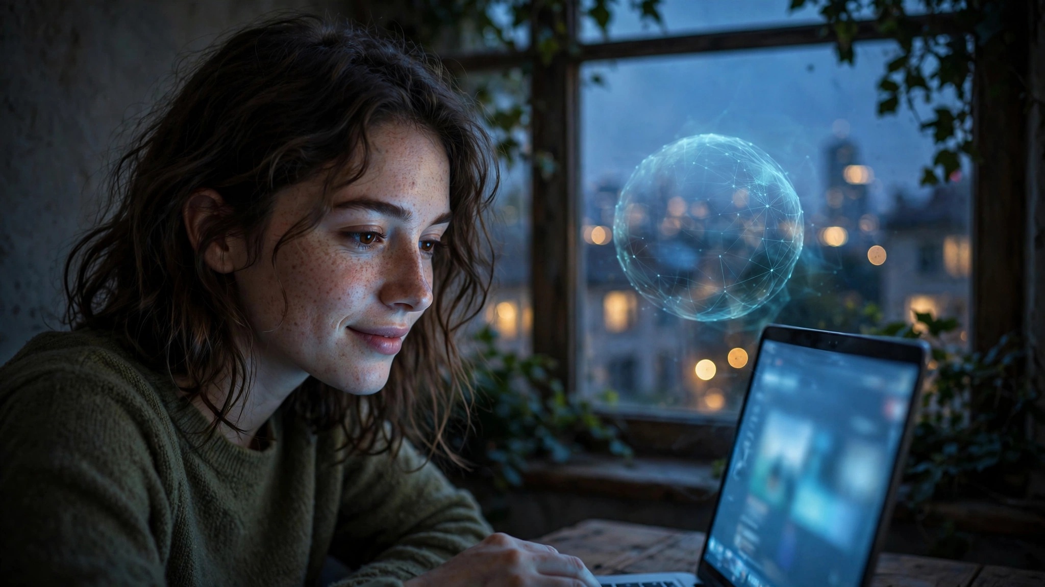 mujer frente a una laptop iluminada junto a ventana