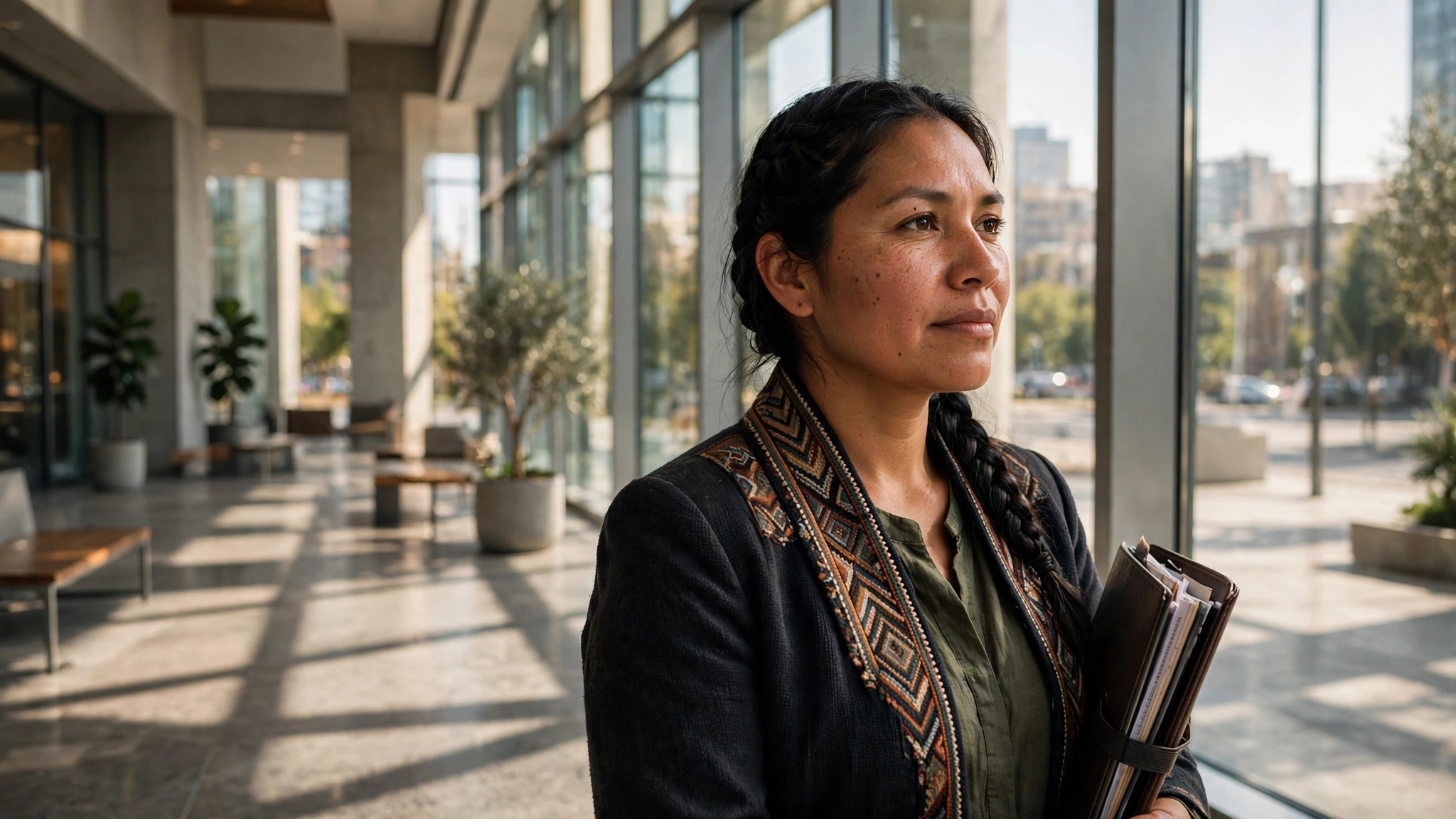 mujer indigena con carpeta legal en atrio iluminado