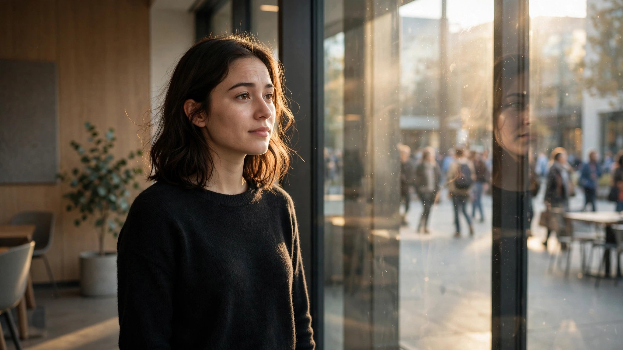 mujer joven junto a ventana en espacio comunitario iluminado