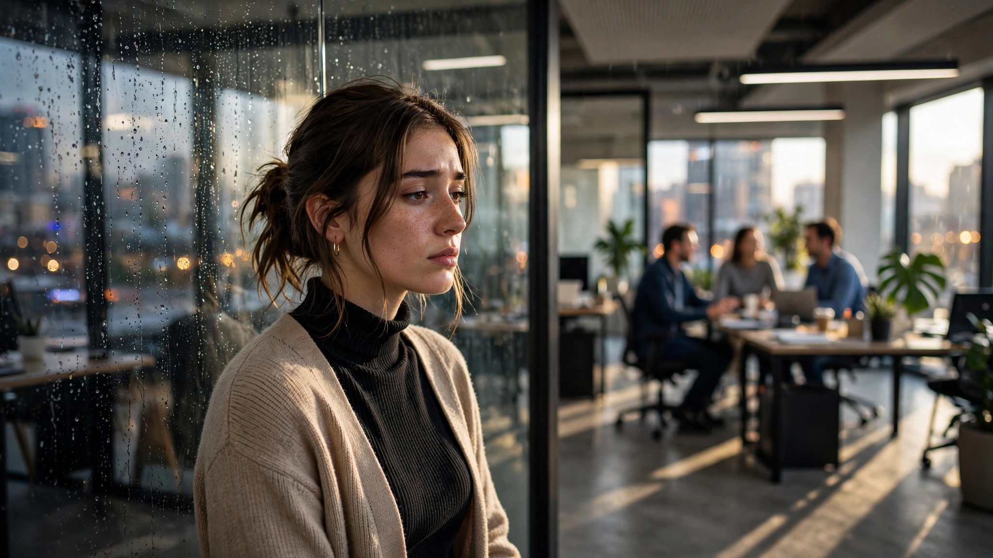 mujer joven sola observa a sus colegas en oficina