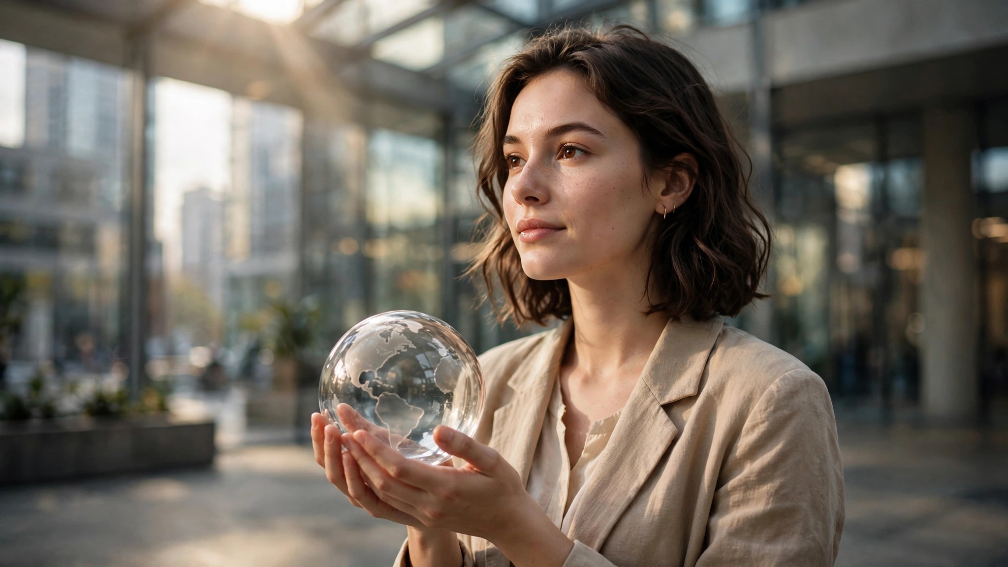mujer joven sosteniendo una esfera de cristal en un atrio