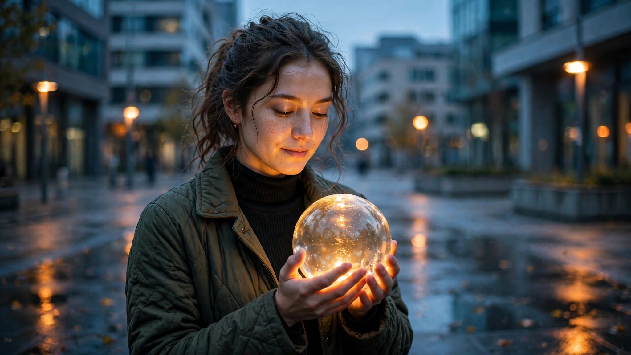 mujer joven sostiene una esfera brillante en plaza urbana
