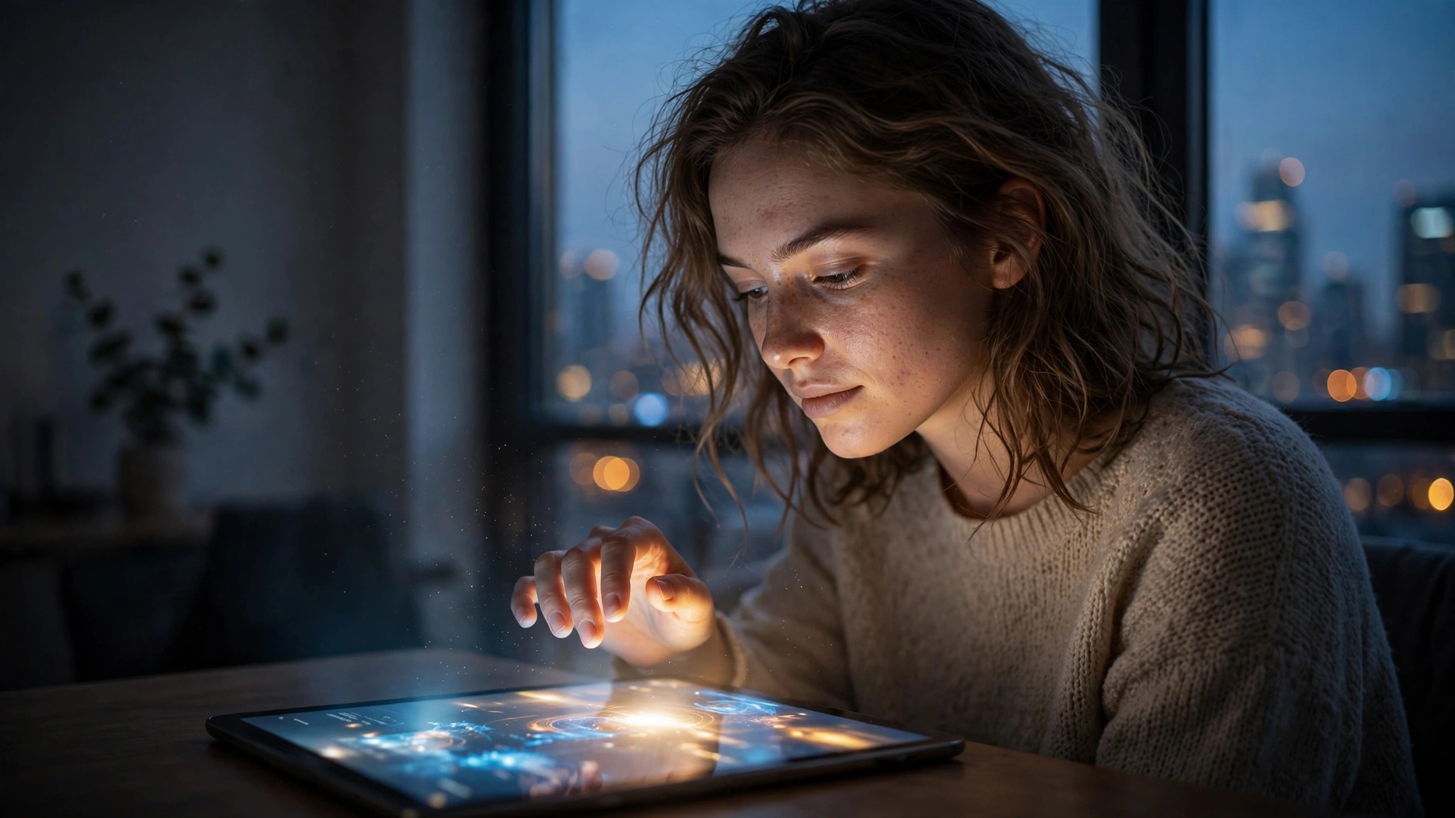 mujer joven usando una tableta junto a la ventana