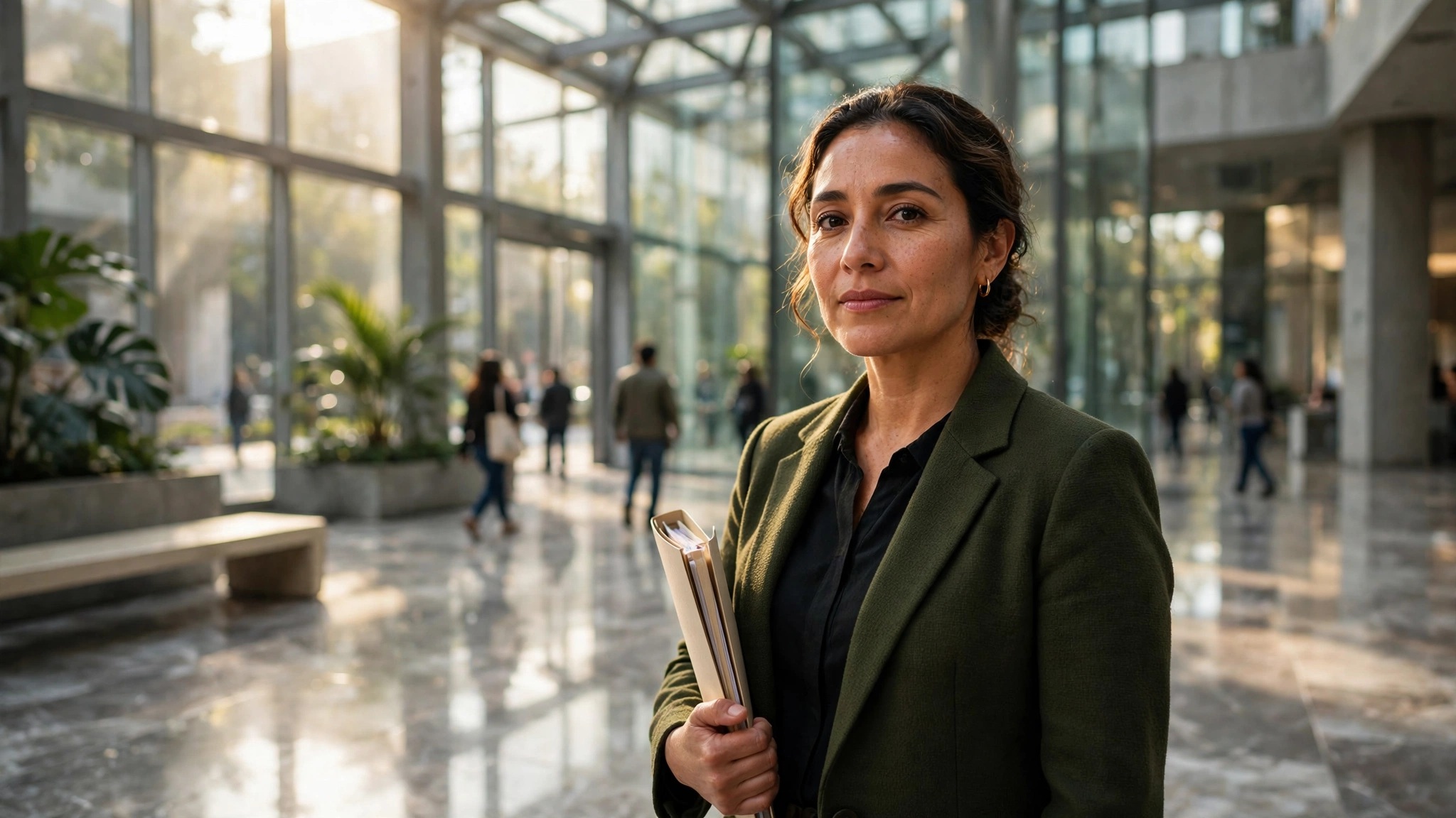 mujer mexicana elegante sostiene carpeta de documentos en edificio iluminado
