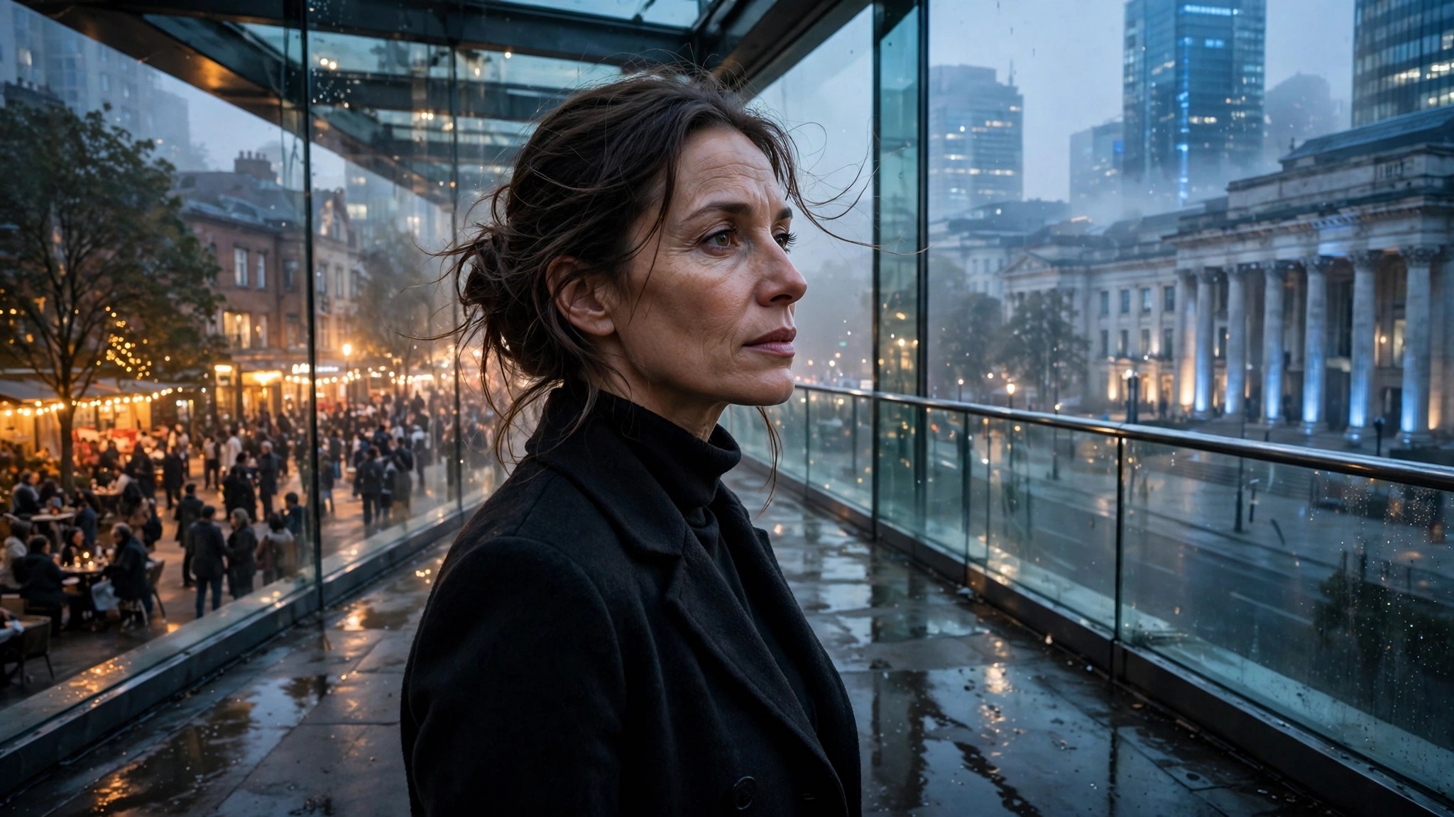 mujer pensativa en puente observando la ciudad al atardecer