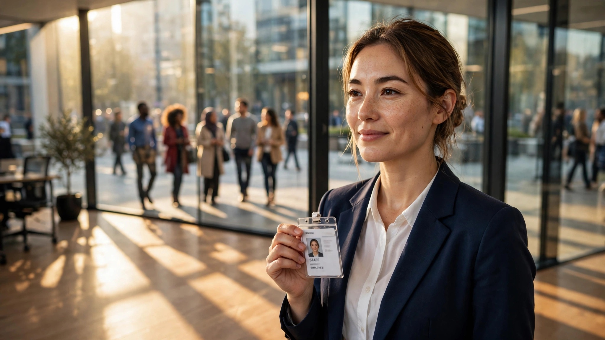 mujer profesional junto a ventanal en oficina corporativa