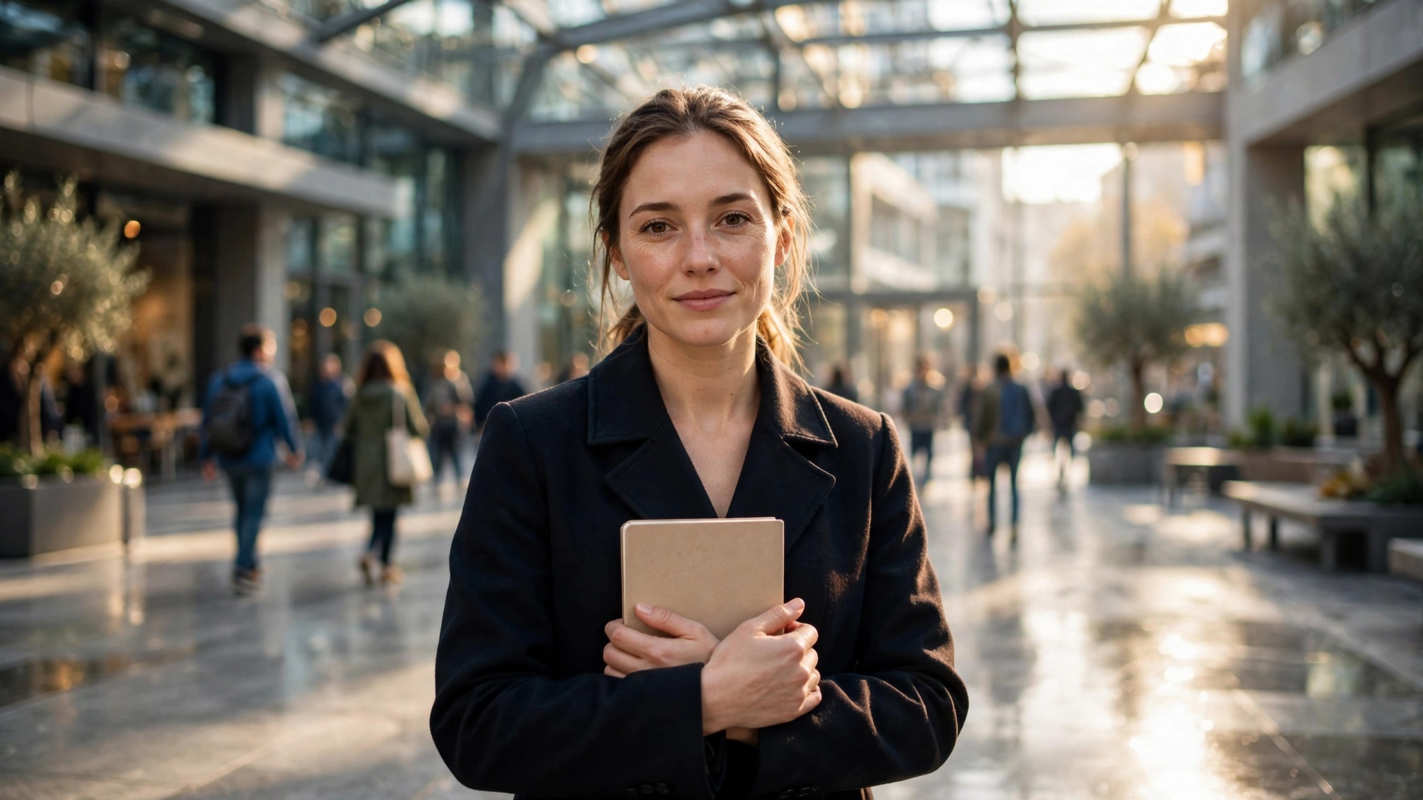mujer reflexiva de pie en patio publico sosteniendo cuaderno
