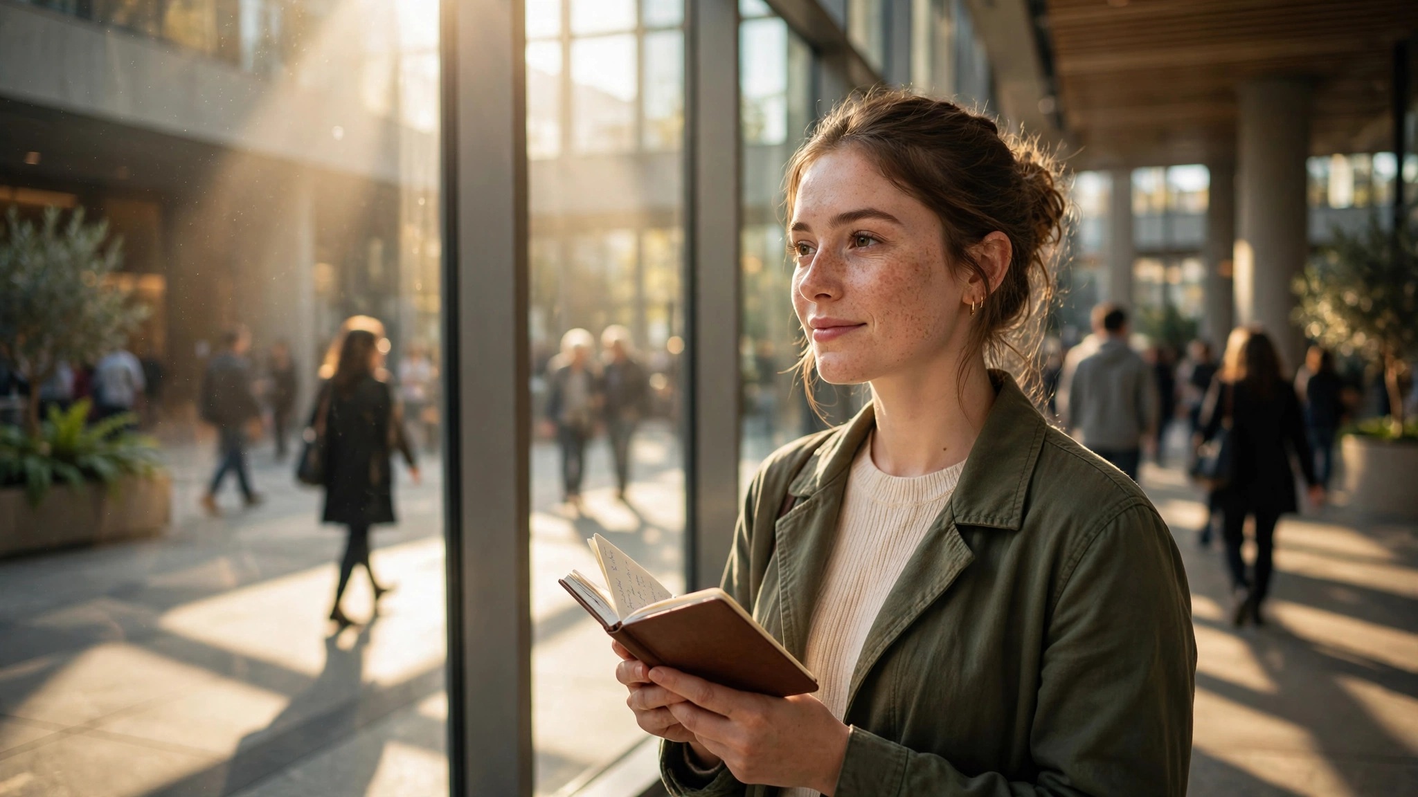 mujer reflexiva sostiene libreta junto a ventana iluminada