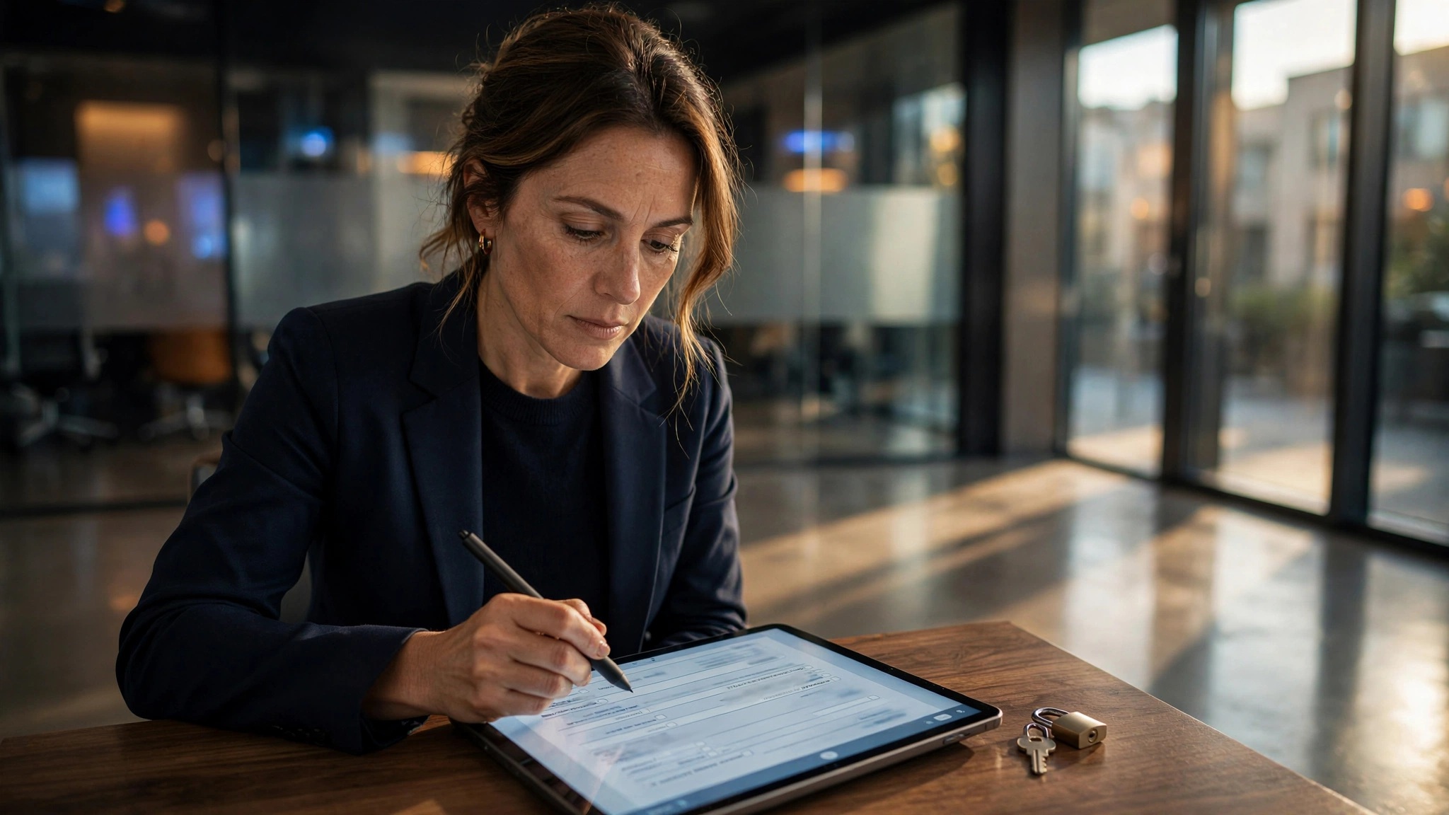 mujer revisa documento digital en un consultorio medico