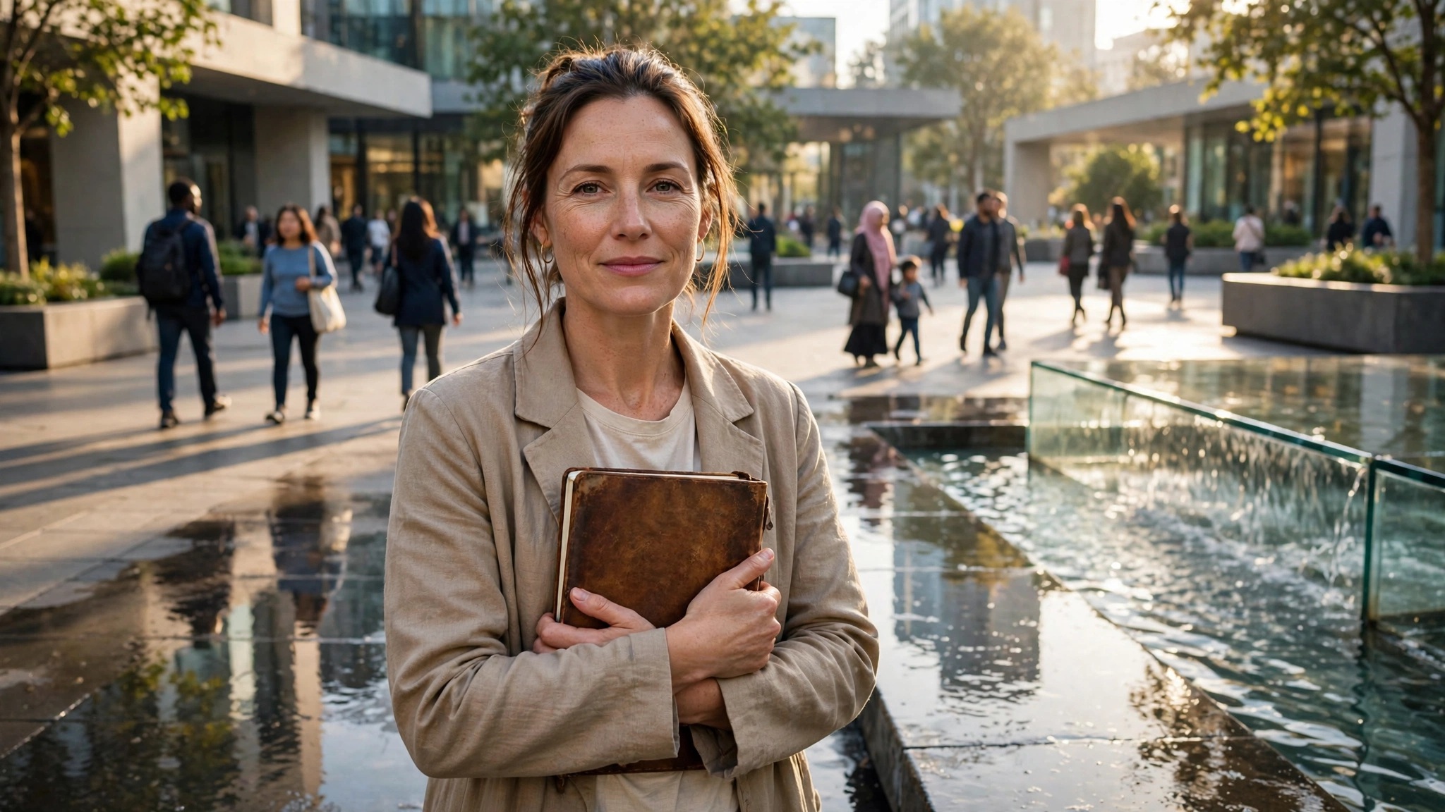 mujer serena sosteniendo libreta en plaza publica iluminada