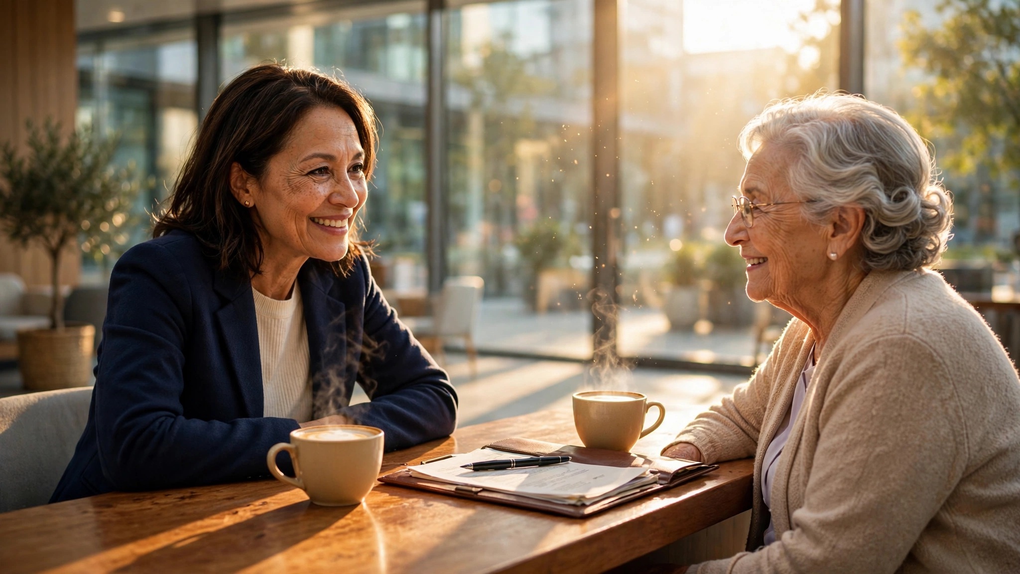 mujer sonriente atiende a un anciano en oficina
