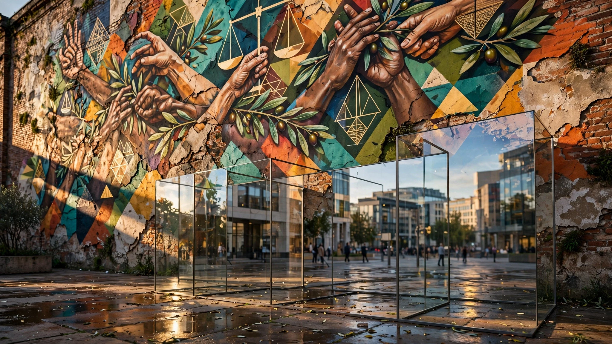mural colorido en plaza con manos y ramas